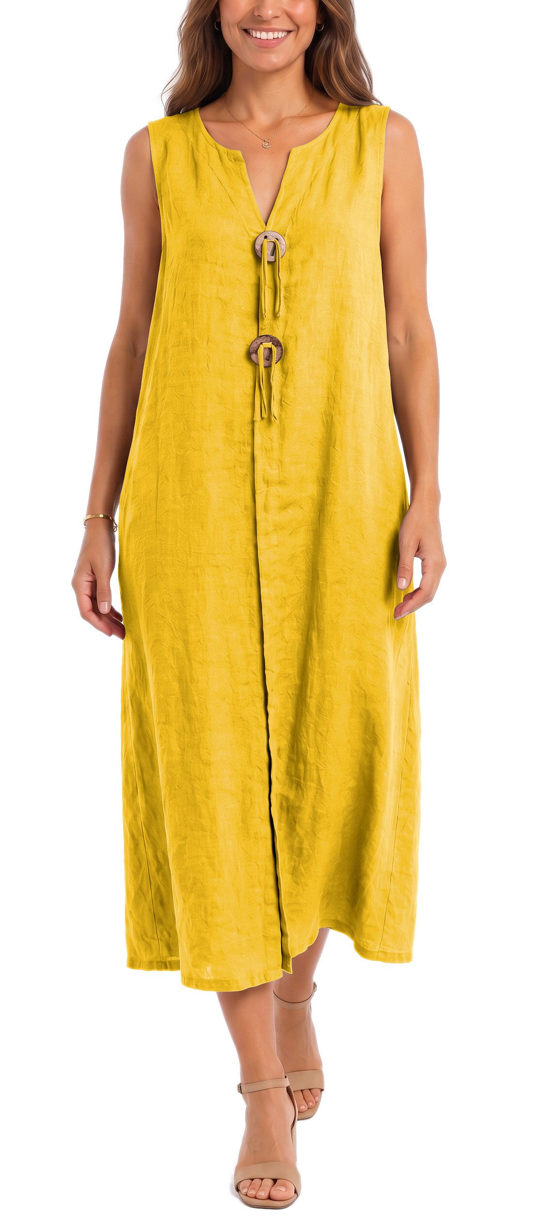 dy_mode Sommerkleid Damen Leinenkleid Luftiges Maxi Sommerkleid Strandkleid Damenkleid in Unifarbe, V-Ausschnitt, mit seitlichen Eingriffstaschen