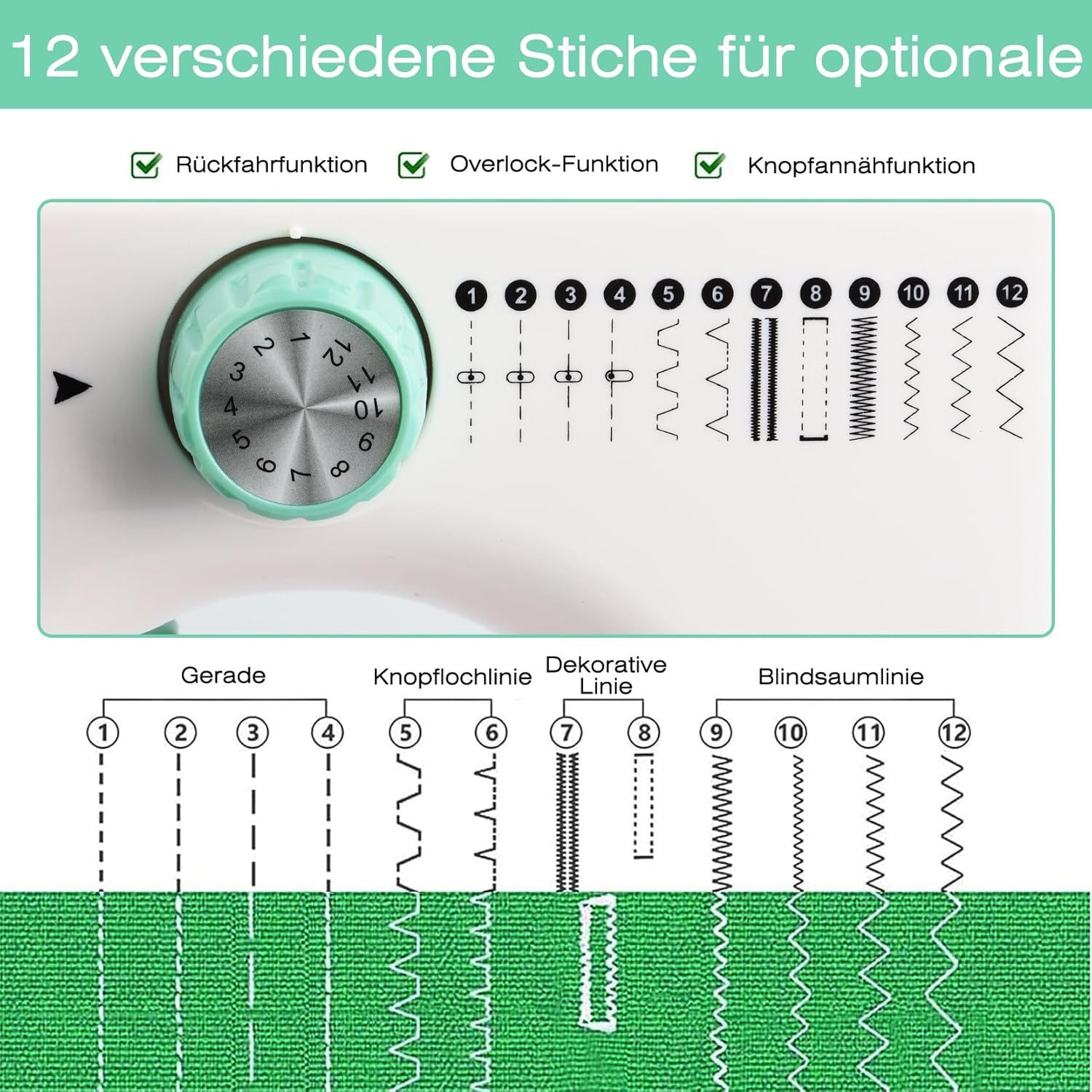 CkeyiN Nähmaschine Kleine Haushaltsnähmaschine Multifunktionale Mini-Handnähmaschine, 12 Programme, mit 12 integrierten Sticharten, Doppelnadel, 2 Geschwindigkeit