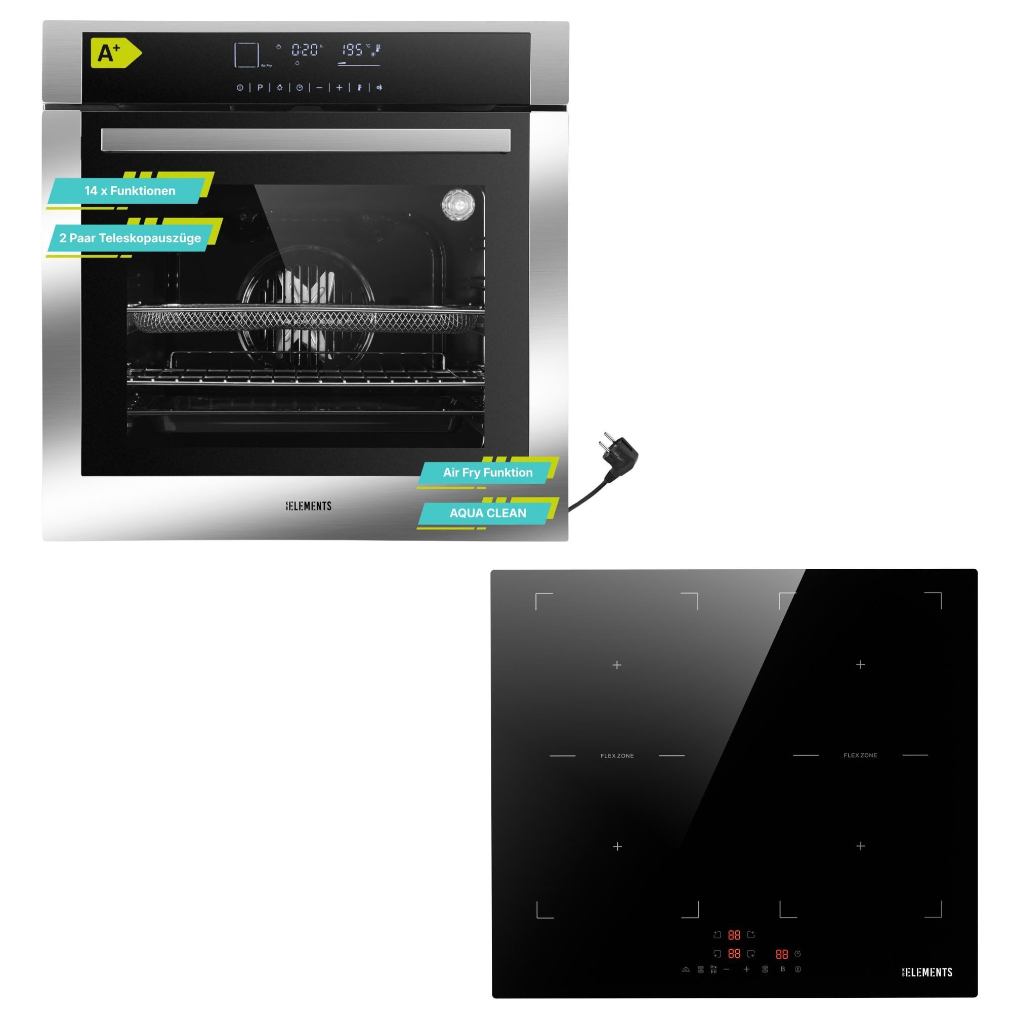KB Elements Induktions Herd-Set Einbaubackofen 60 cm mit 4-Zonen Induktionskochfeld 60 cm, mit 2-fach-Teleskopauszug, AQUA CLEAN, Einbaubackofen Full Touch mit 15 Funktionen, doppelte Flexzone
