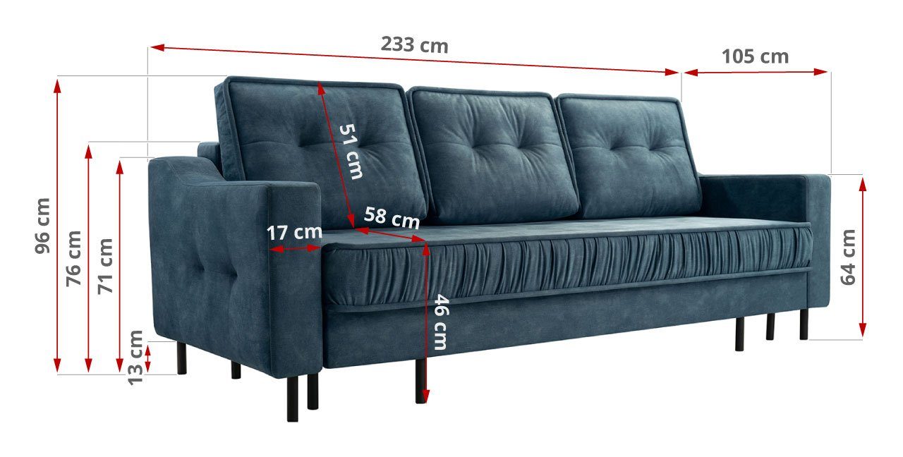 Sofa Sitz MÖBEL Palladium Kissen Dreisitzer-Sofa MKS AREZZO, Schlaffunktion, Blau und gesteppter mit