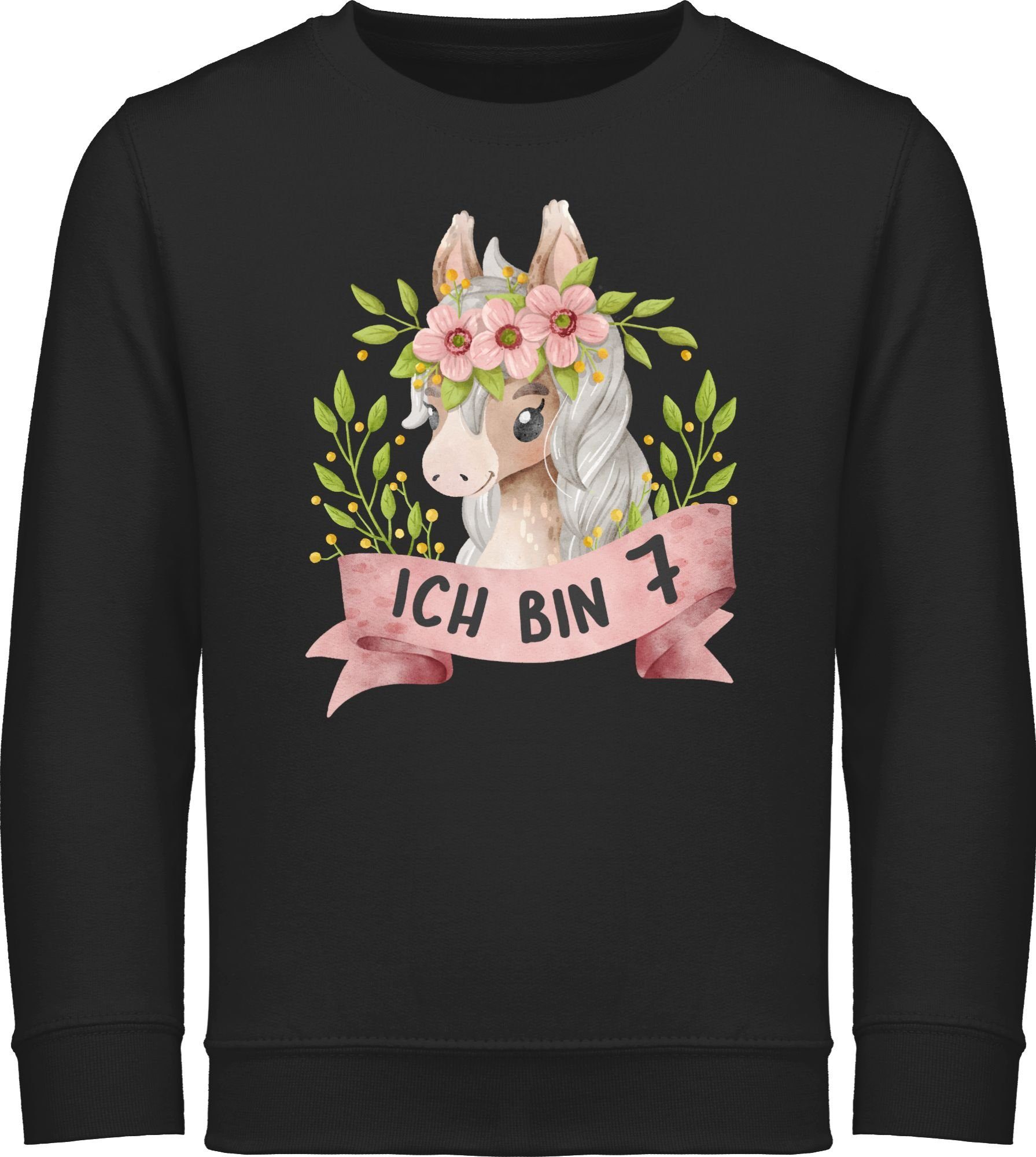 Shirtracer Sweatshirt Ich bin sieben mit süßem Pferd mit Blumen 7. Geburtstag 3 Schwarz