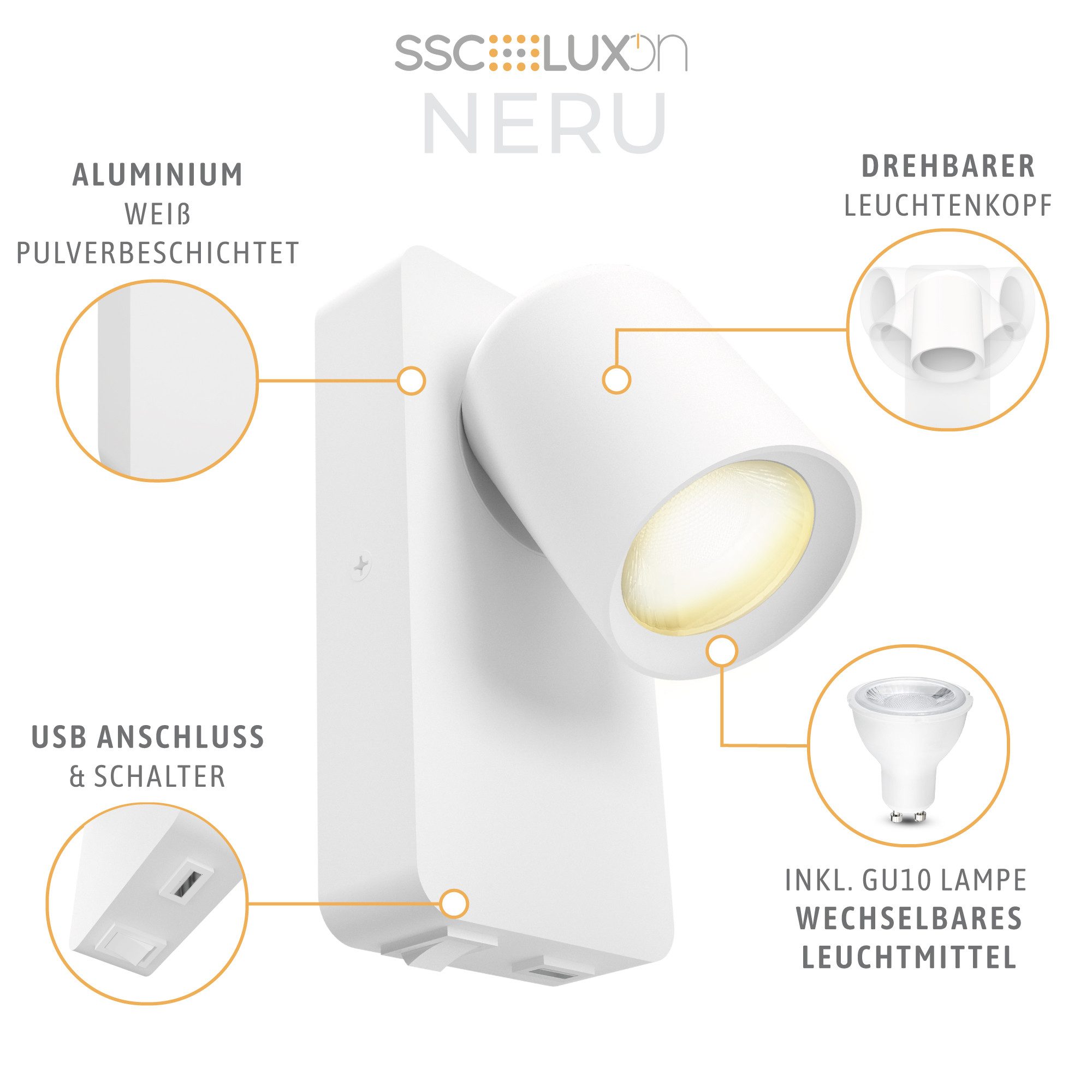SSC-LUXon LED Wandleuchte NERU Nachttischlampe weiß GU10 LED warmweiß, USB & Schalter, Warmweiß