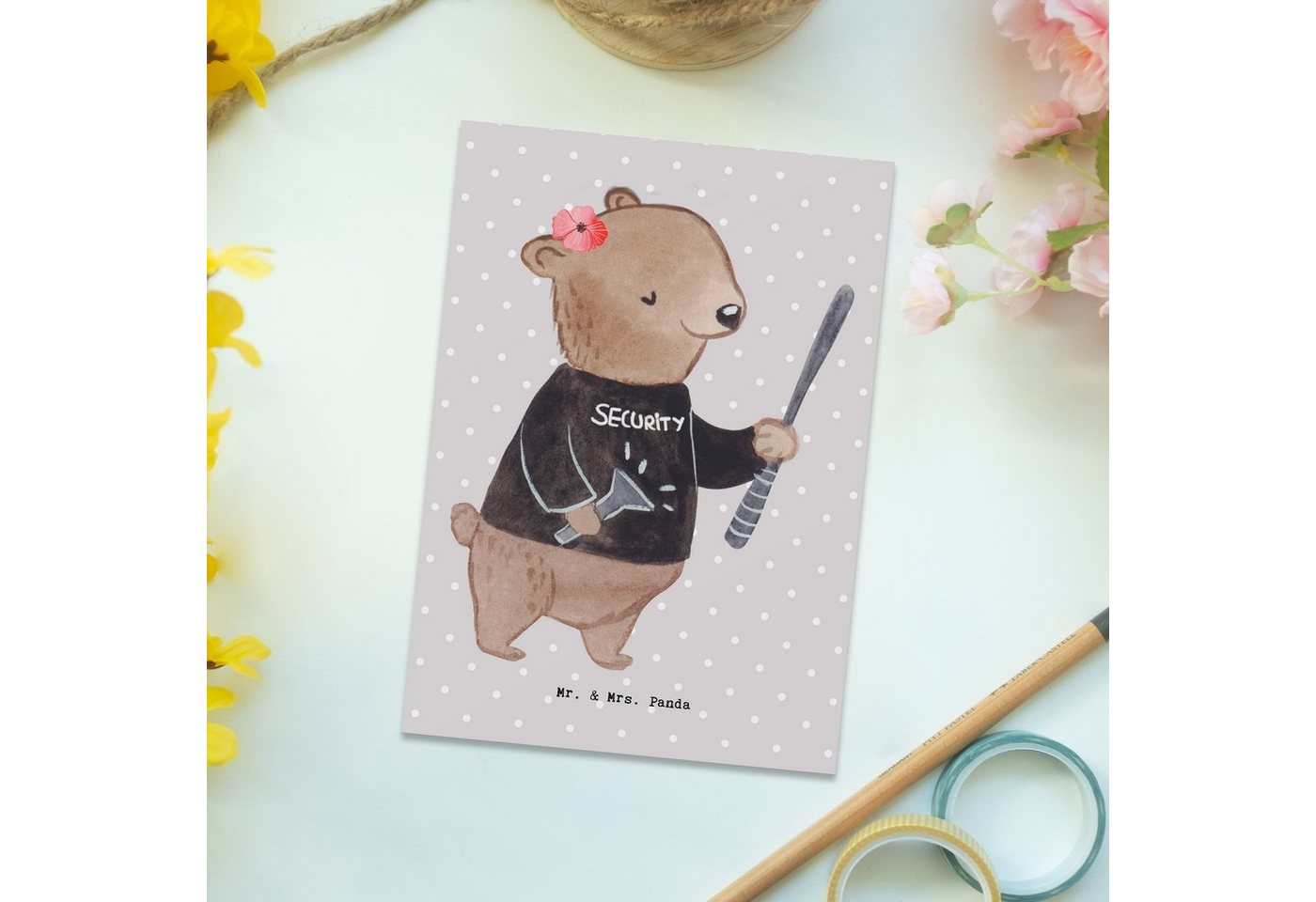 Thumbnail - Mr. & Mrs. Panda Postkarte Security Mitarbeiterin Herz - Grau Pastell - Geschenk, Abschied, Kart, Charmante Designs