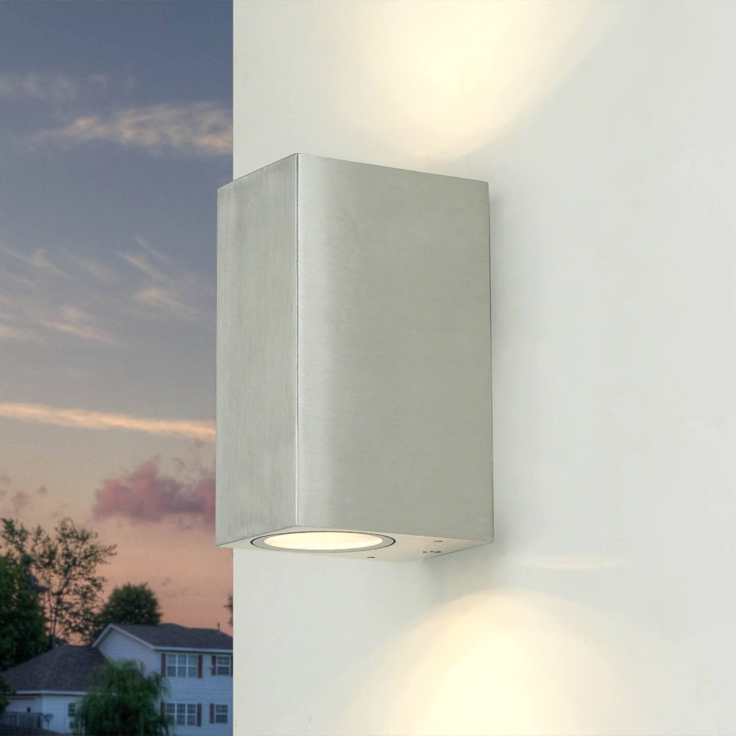 Licht-Erlebnisse Außen-Wandleuchte AALBORG, ohne Leuchtmittel, Außenlampe Wand IP44 Up Down Silber GU10 Aluminium Modern