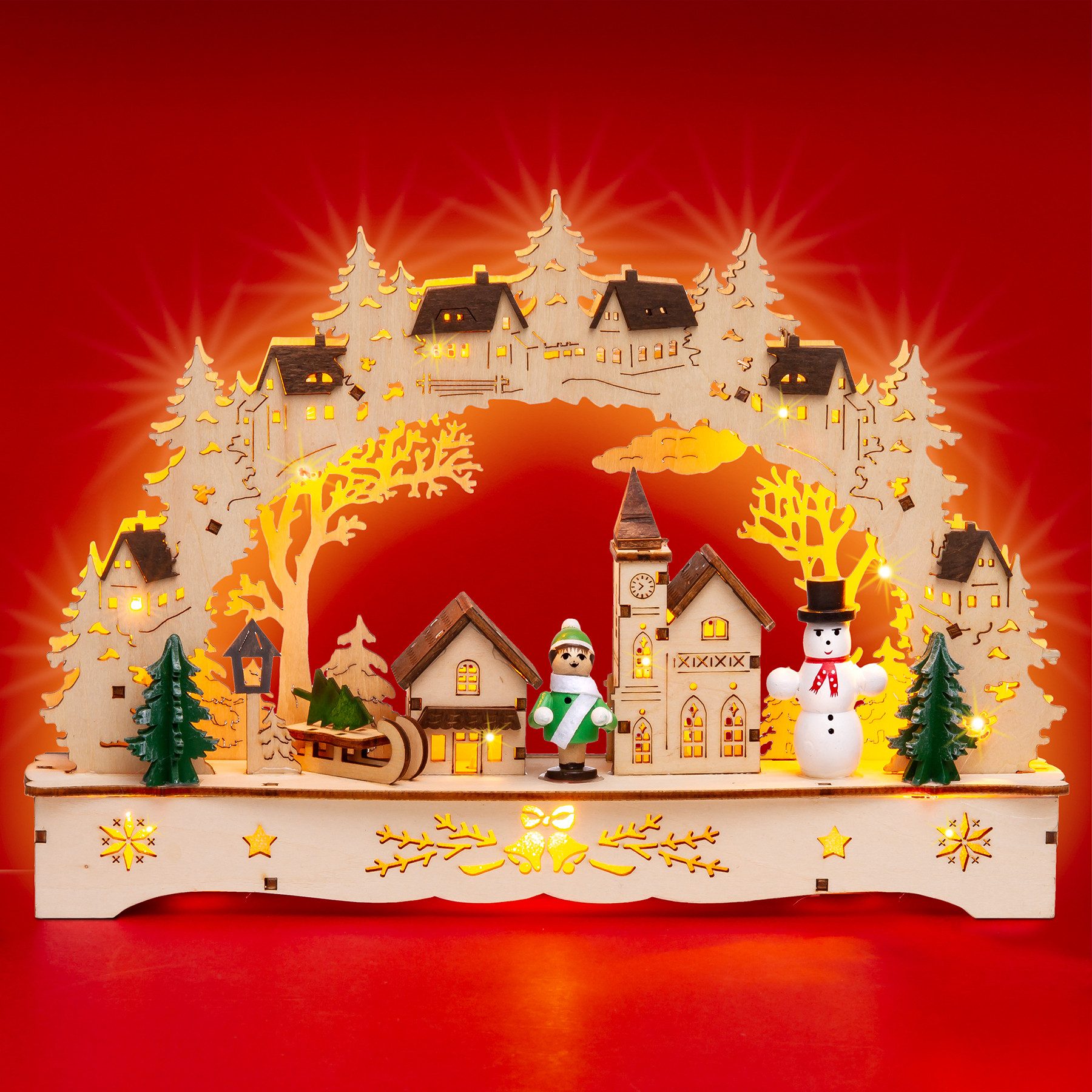 SIKORA Schwibbogen LB63s kleiner LED Holz Lichterbogen Dorfkirche mit Häusern B:27cm, batteriebetrieben - sanft beleuchtet für sinnliche Weihnachten