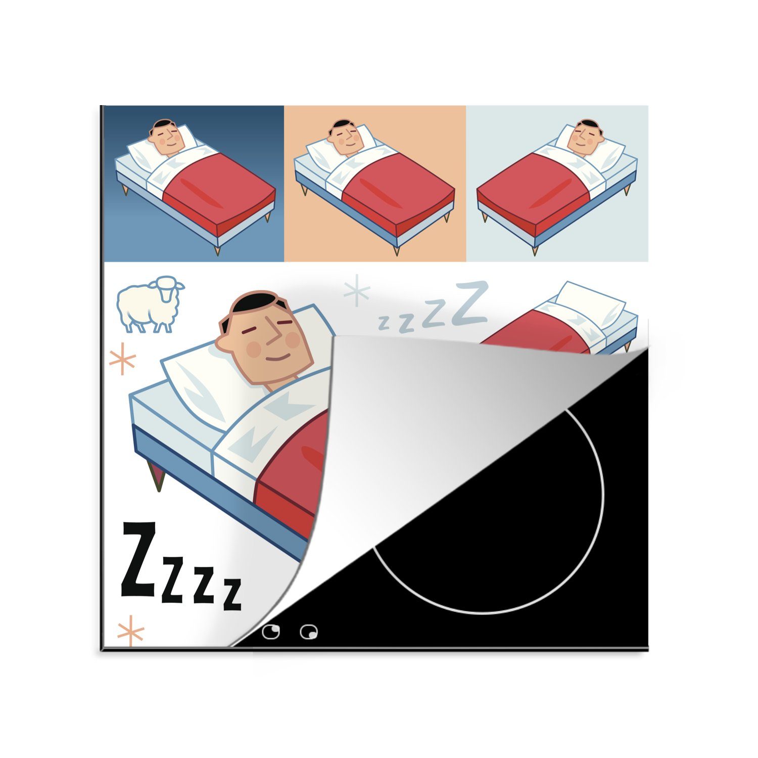 MuchoWow Herdblende-/Abdeckplatte Eine Illustration eines Kindes mit schlafenden Augen im Bett, Vinyl, (1 tlg), 78x78 cm, Ceranfeldabdeckung, Arbeitsplatte für küche