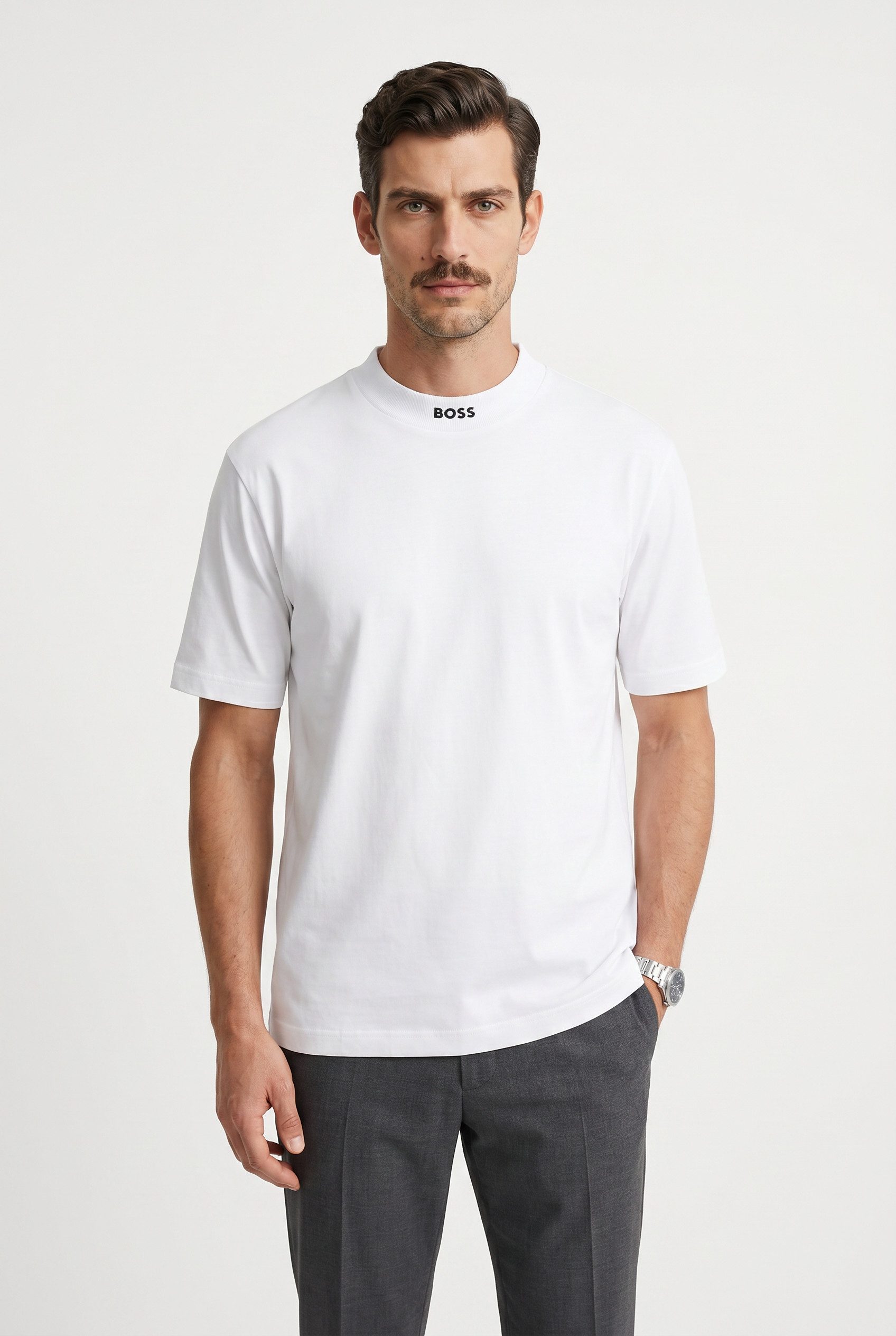 BOSS GREEN T-Shirt Tee Collar Relaxed Fit Stretch Jersey Baumwolle, Logo Centered, Rundhals