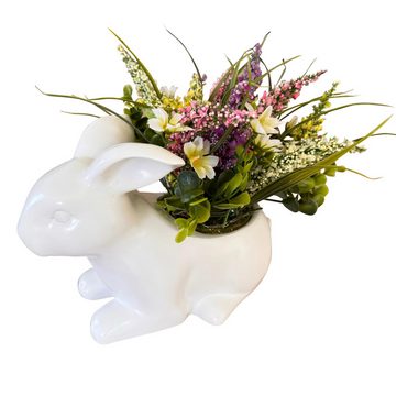 Online-Fuchs Dekofigur Süßer Hase mit künstlichen Blumen, LED-Beleuchtung und Timer (Weißer Hase mit künstlichen Pflanzen), 30 x 26 cm groß