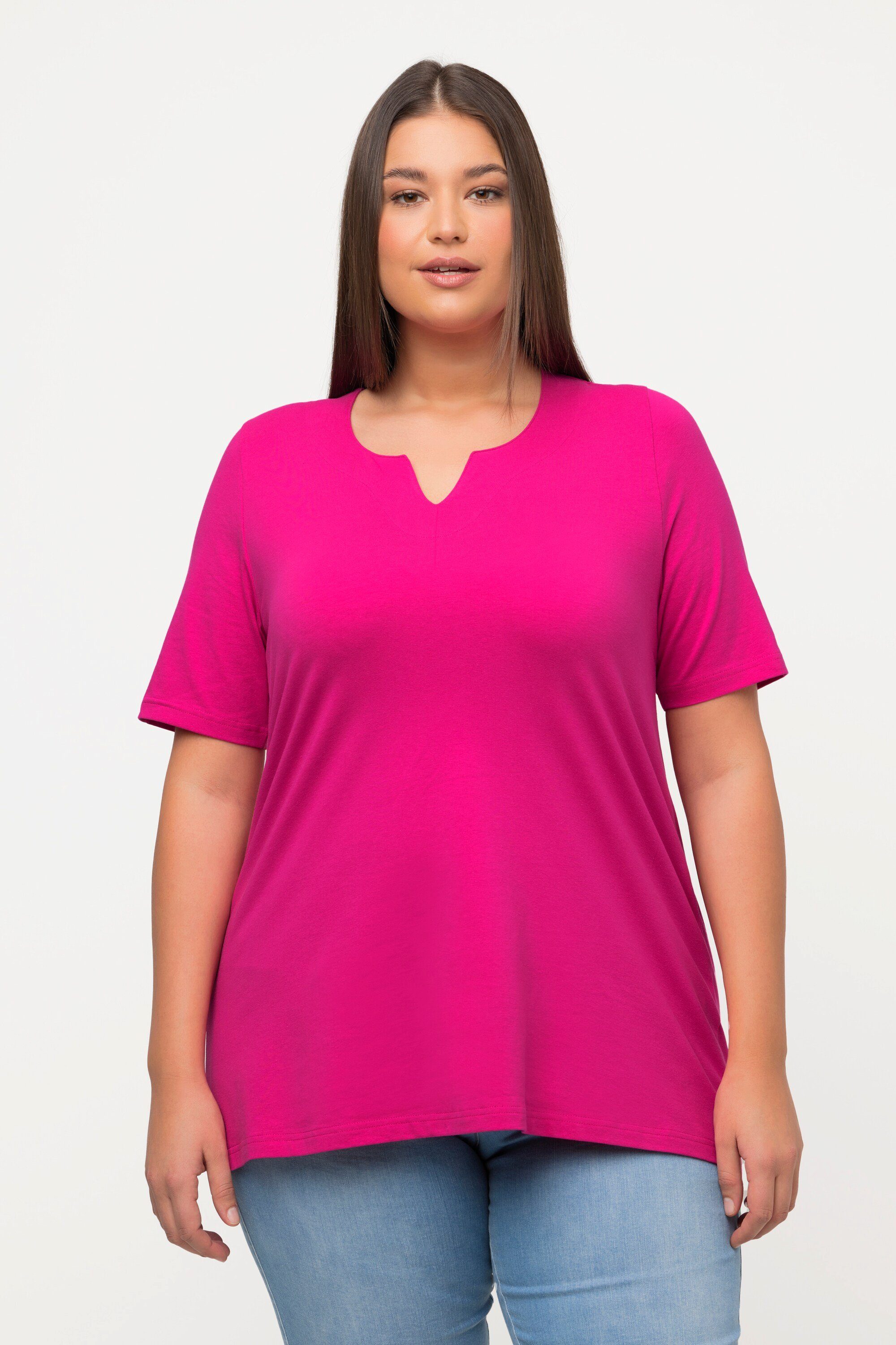 Ulla Popken Rundhalsshirt T-Shirt A-Linie Tunika-Ausschnitt Halbarm fuchsia pink
