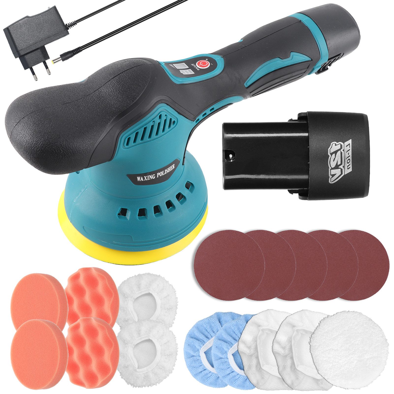 GARRYFIZH Akku-Poliermaschine Exzenterpoliermaschine mit Kreisbogen, Kratzerreparatur, 2800 min. U/min, 5500 max. U/min, Ø 125 mm, (18 tlg), 8 einstellbare Geschwindigkeiten, Drehzahlbereich 2800-5500 U/min