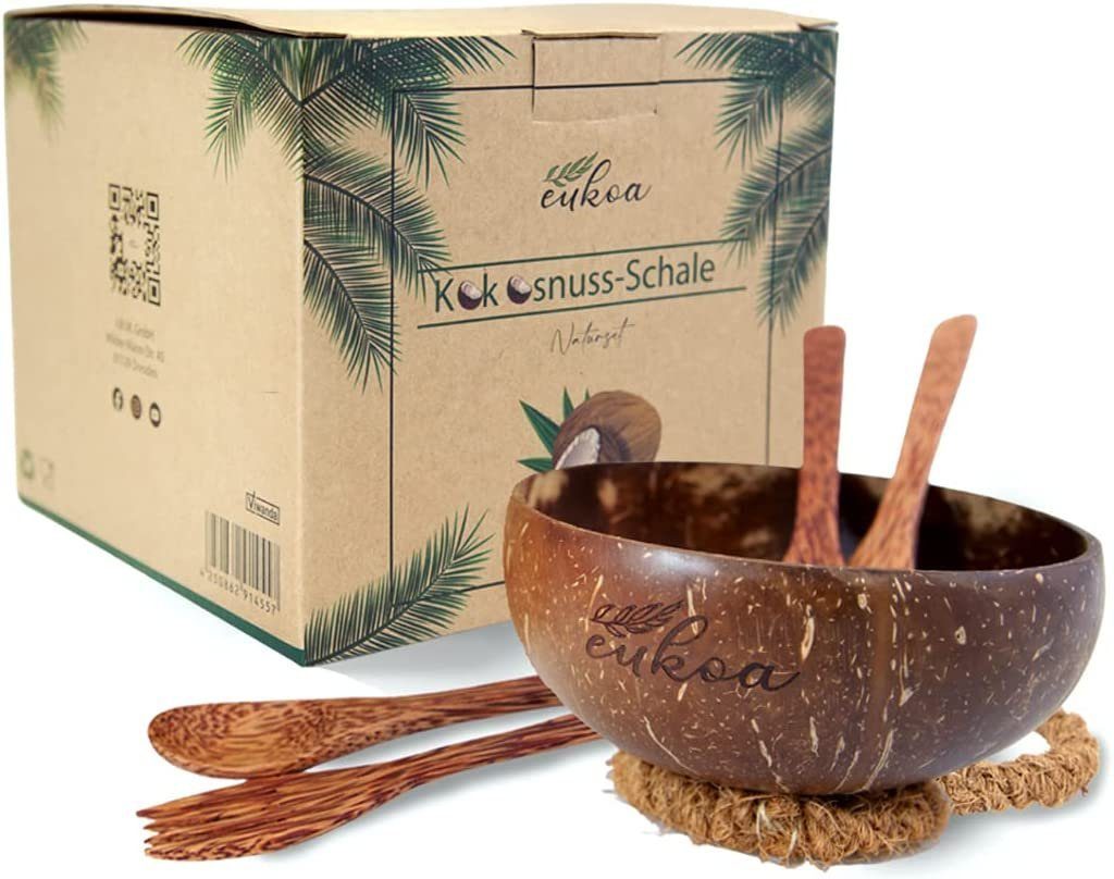 Coconut Set Besteck, Müslischale wiederverwendbar Schale mit Eukoa Bowl, Kokosnuss (2-tlg), Müslischüssel,