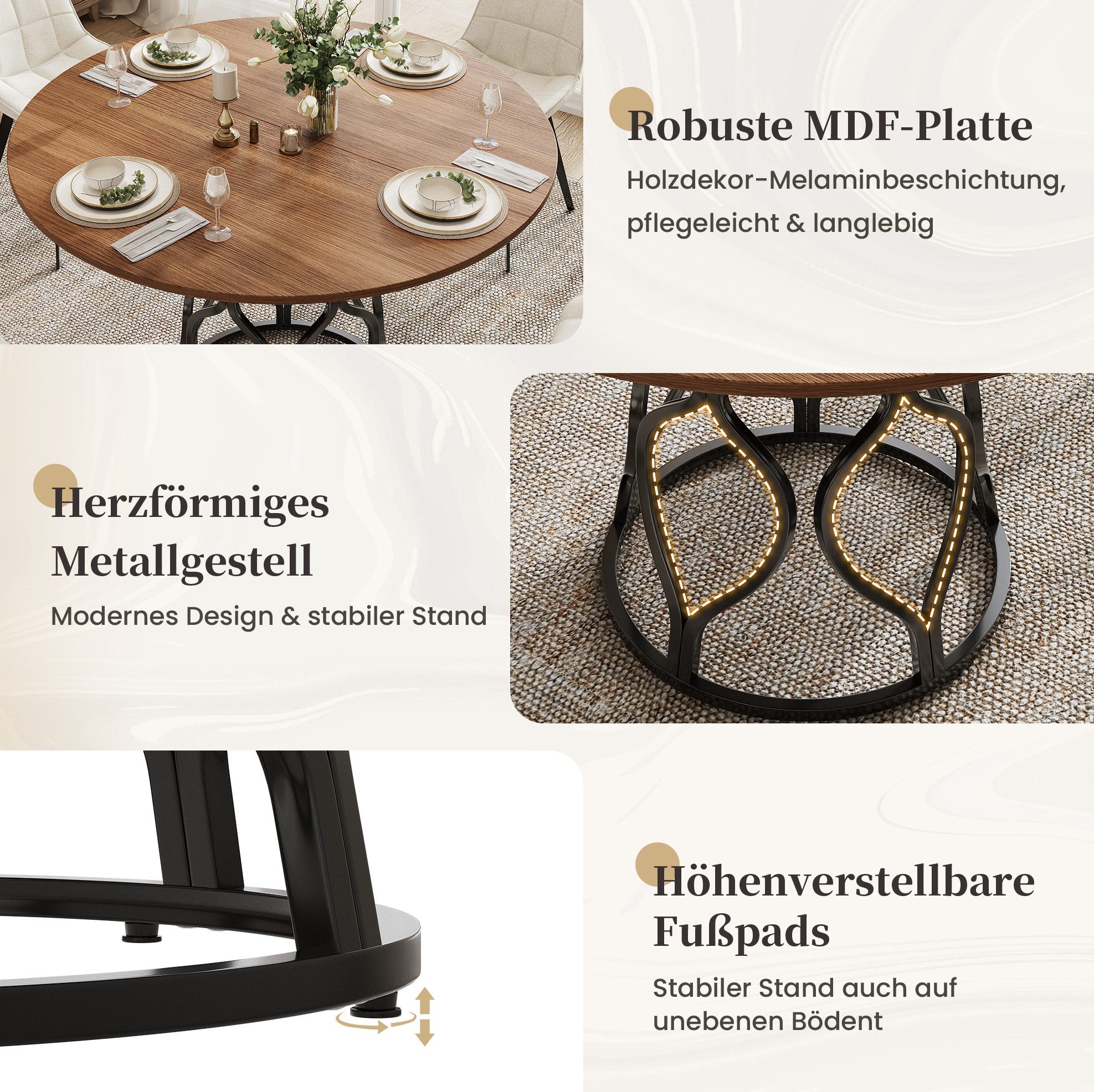 MODFU Esstisch Kompakter Tisch – 100×100×75 cm für 4–6 Personen (Packung, 1-St., Walnuss+Schwarz, für Esszimmer & Wohnzimmer), Walnussoptik, Ablage, Metallgestell, vielseitig