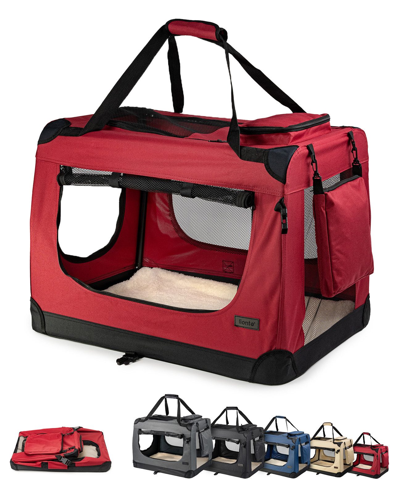 lionto Tiertransportbox für Katzen, leicht und komfortabel aus Textil bis 12 kg, 60x42x44 cm, dunkelrot