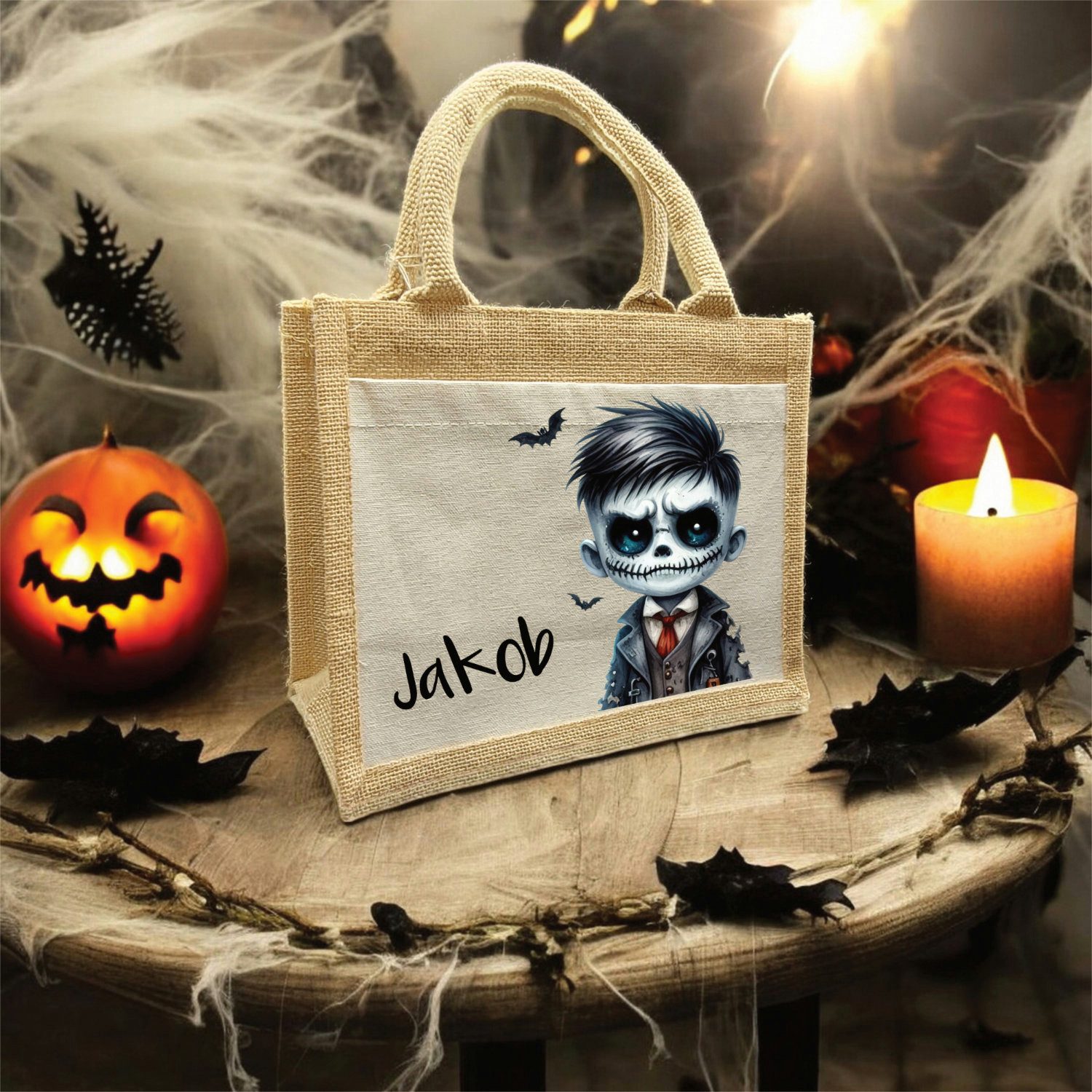 CreaDesign Korbtasche Halloween Tasche Junge Skelett, Sammeltasche aus Jute, 26 x 35 x 14 cm (1-tlg)