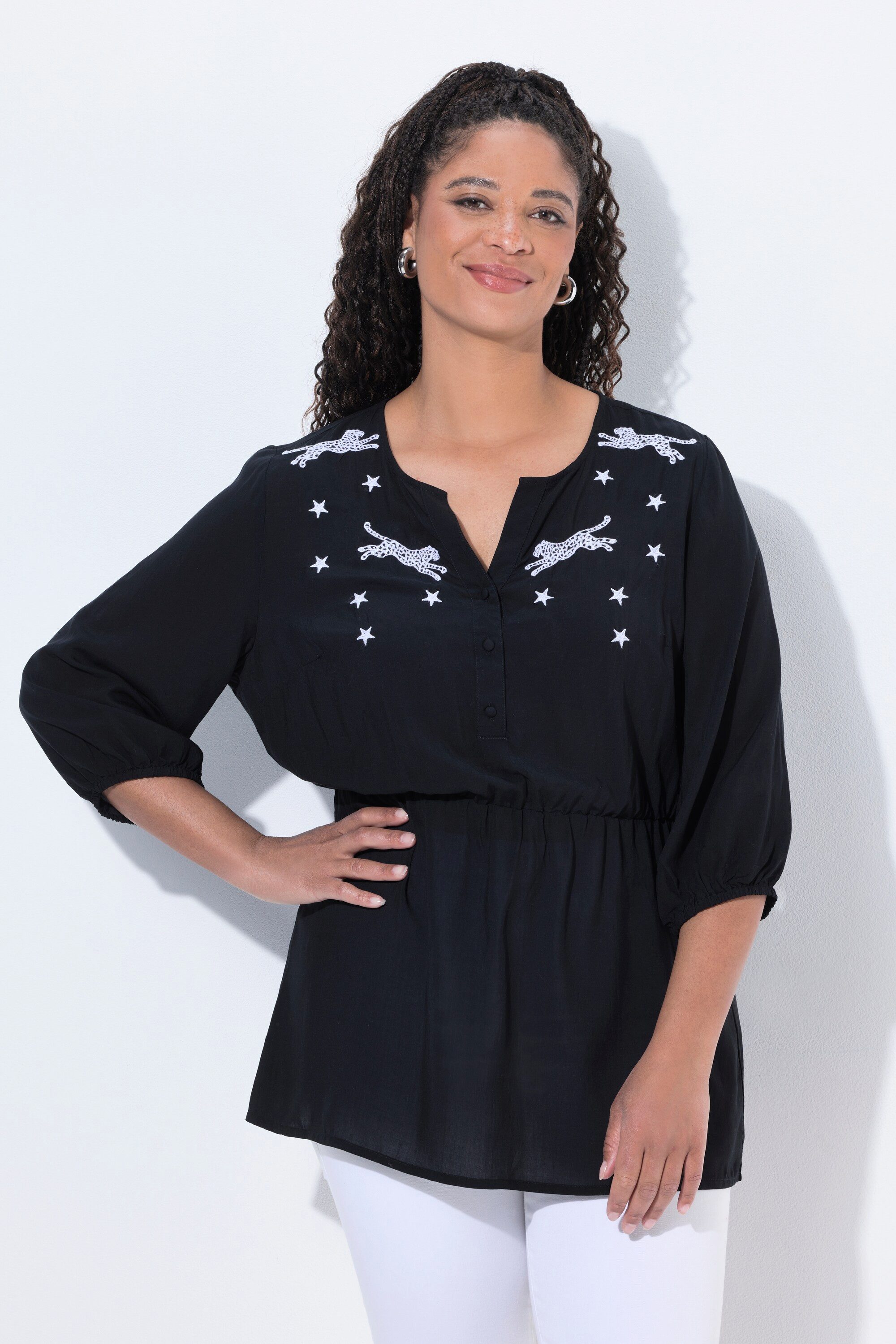 Angel of Style Longbluse Bluse A-Linie Leoparden-Stickerei 3/4-Ärmel