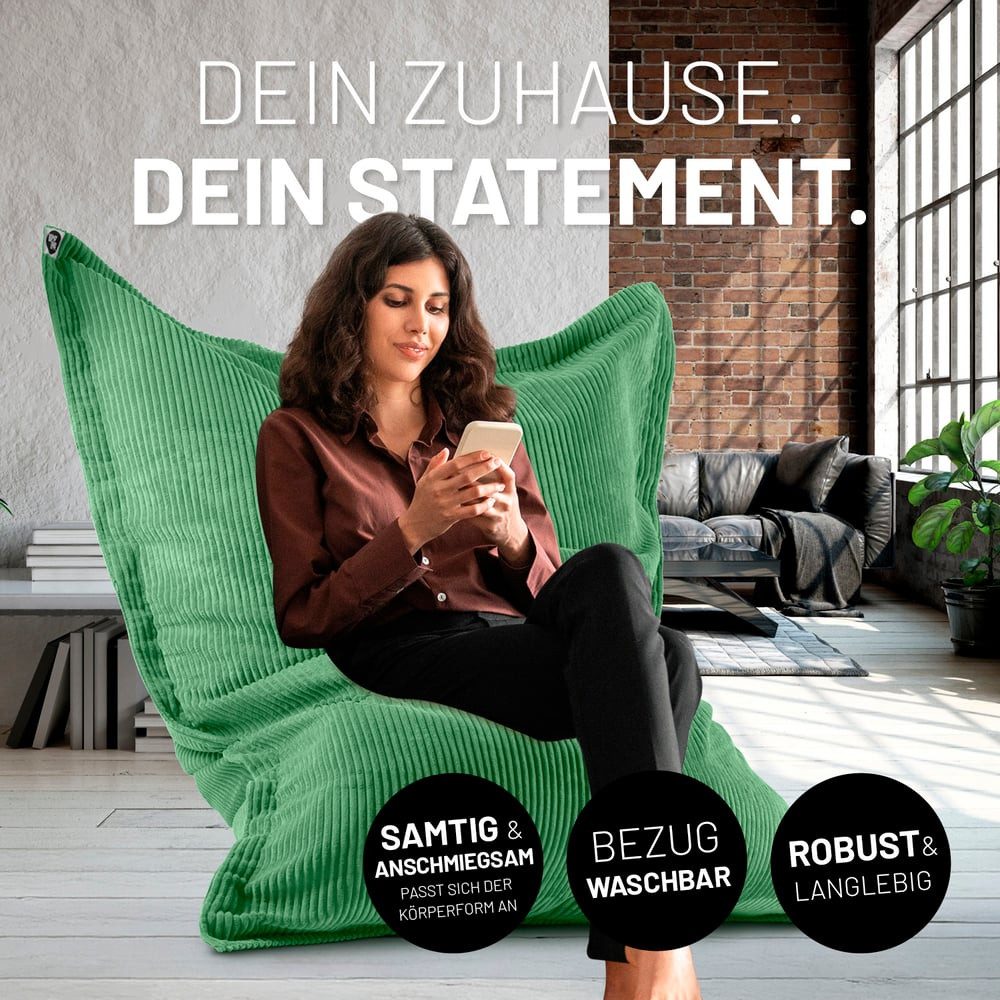 Lumaland Sitzsack Sitzsack Indoor Cord 380l dunkelgrün, kuscheliger Cord-Bezug - perfekt fürs moderne Zuhause