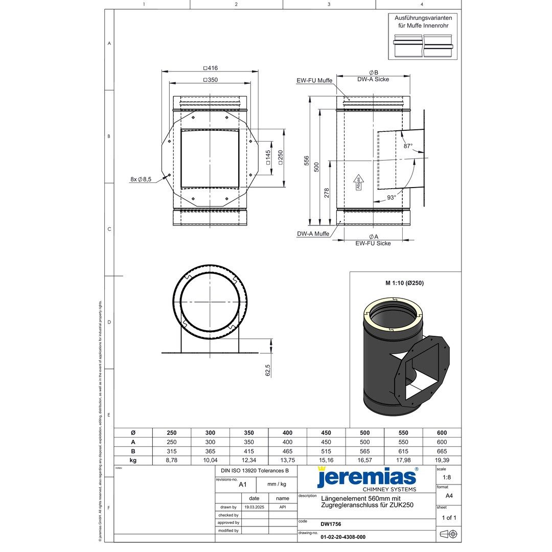 Jeremias Schornstein DW-FU Ø 350 mm Zugbegrenzeranschluss für ZUK250 (SG/SG-E), Ø 350 mm