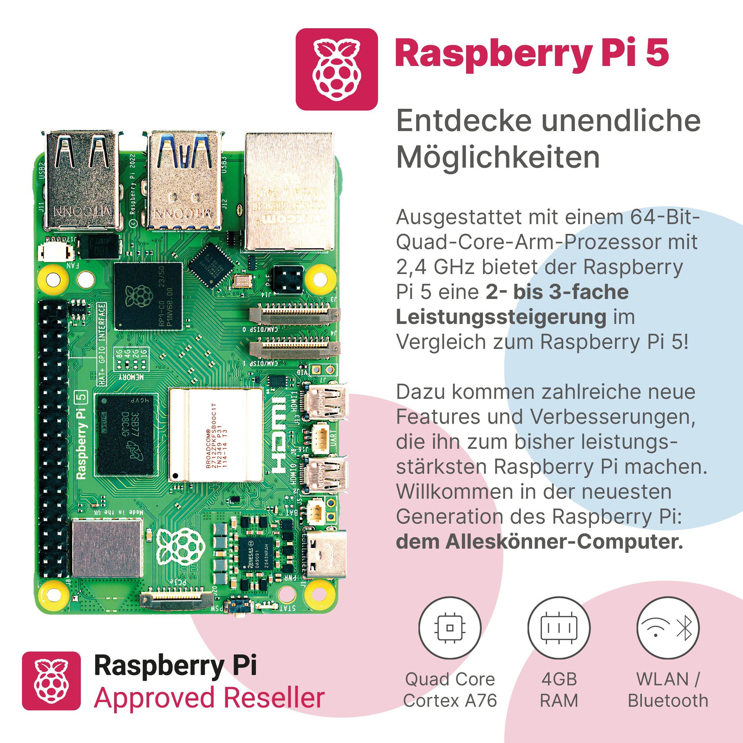 BerryBase Raspberry Pi 5 Starterkit, 64GB microSDHC inkl. Pi OS, Gehäuse, Mini-PC Barebone