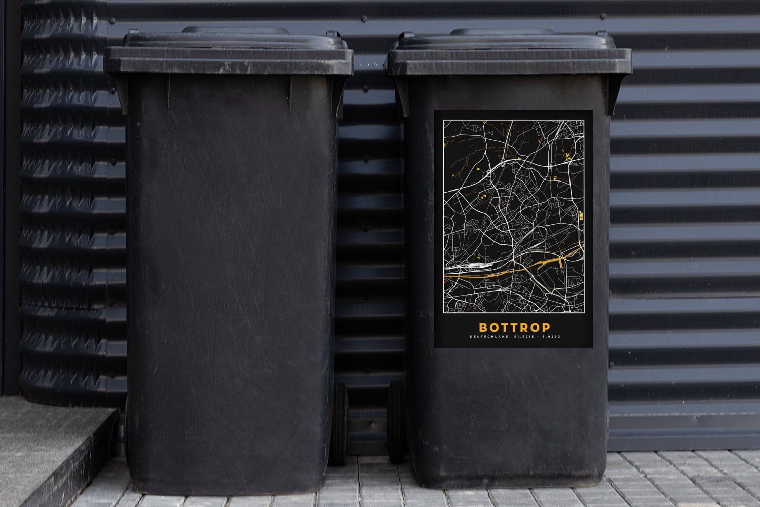 Schwarz - Abfalbehälter Stadtplan - Mülltonne, - - - St), (1 Mülleimer-aufkleber, Deutschland Gold Wandsticker Gold MuchoWow Sticker, Karte Bottrop und Container,
