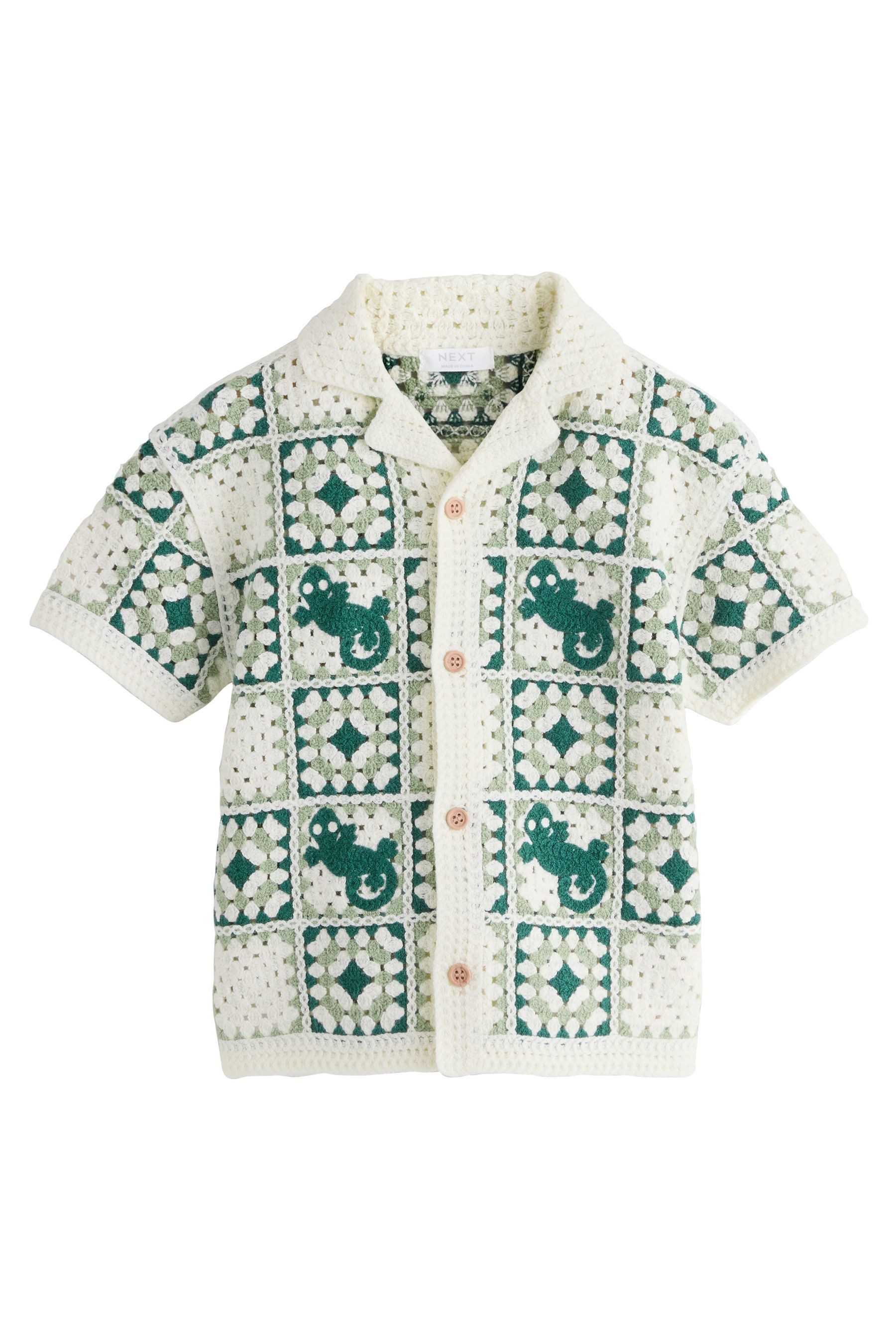 Polokragenpullover Kurzarmhemd mit Häkel- und Strickdetails