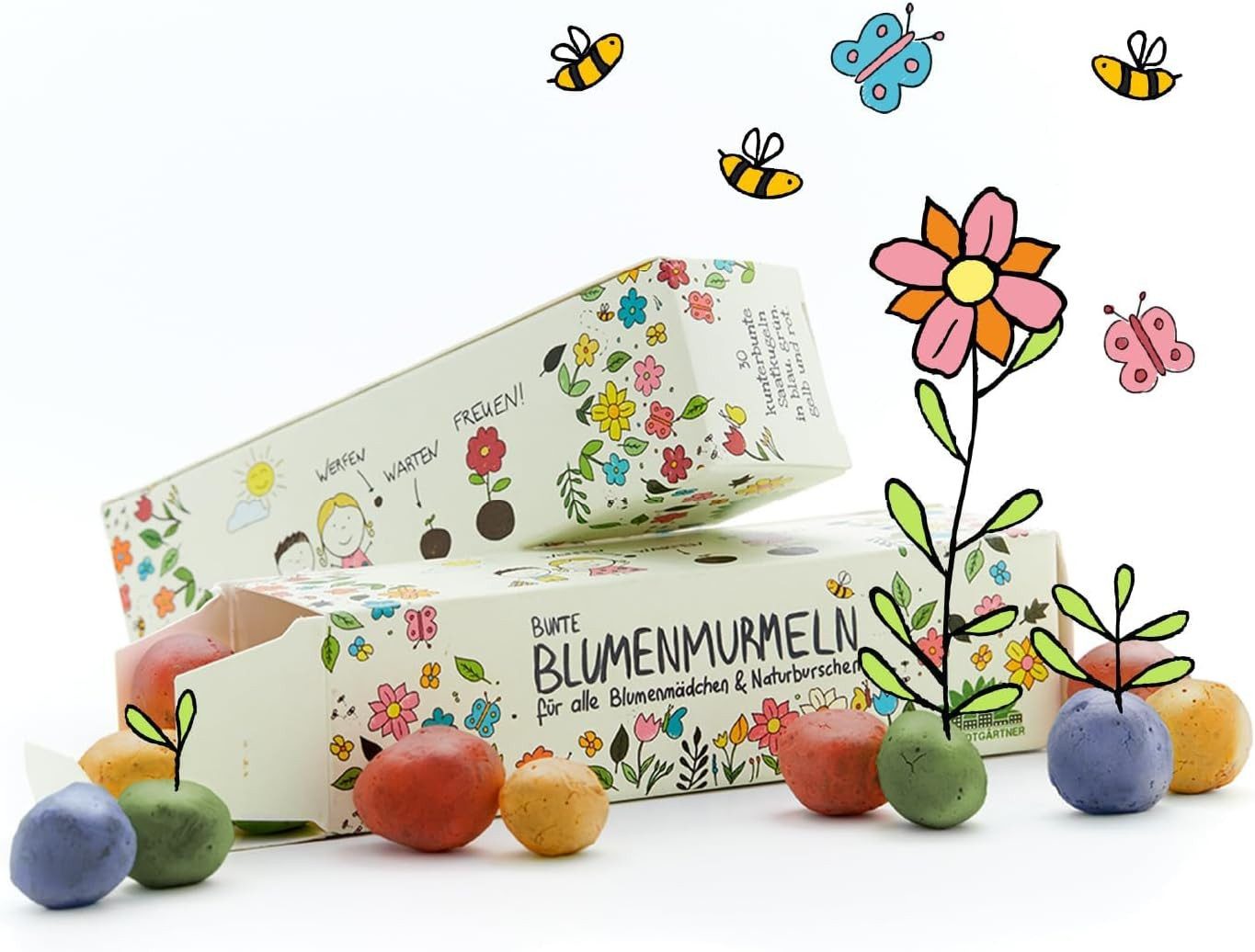 Lernspielzeug 25 handgemachte & kunterbunte Blumenmurmeln, 20 Arten Blumen-Saatgut
