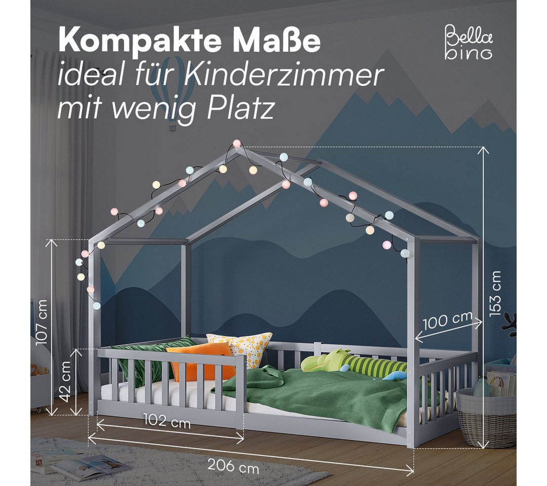 Bellabino Hausbett Kinderbett Bia mit Lattenrost (hellgrau, mit Matratze), Bodenbett mit Rausfallschutz, verfügbar in 80x160 & 90/120/140x200 cm