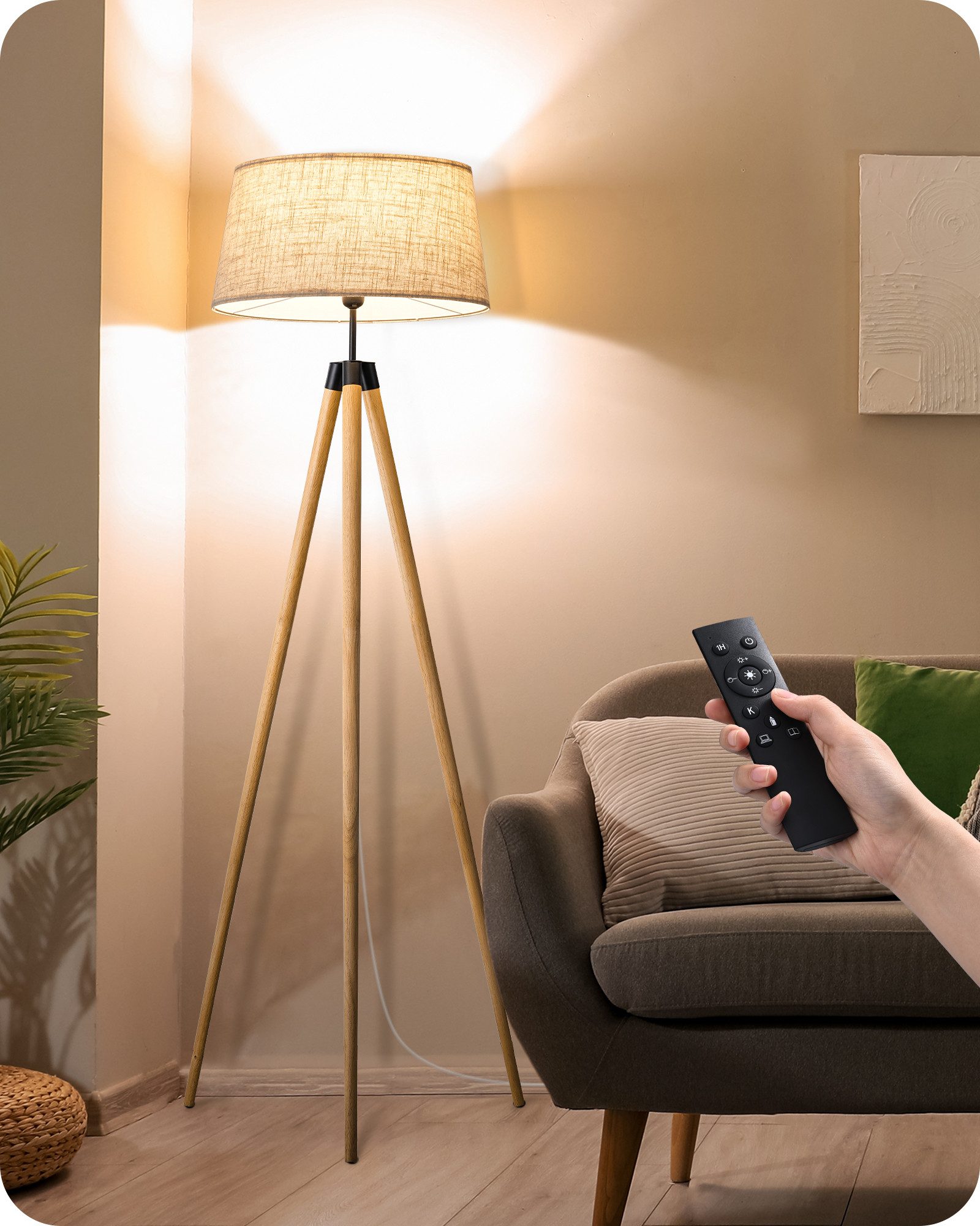 EDISHINE Stehlampe Wohnzimmer Dimmbar, LED wechselbar, warmweiß, Stehleuchte Stativ aus Holz, Fernbedienung Steuerung