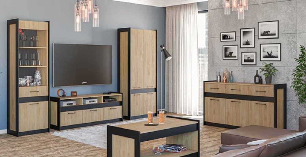 Feldmann-Wohnen Wohnwand STENLY, variabel cm 45 x Kleiderschrank + cm B/T/H: + + Sideboard 202 cm + (Set, 1 Lowboard x Standvitrine 1 1 1 Couchtisch), 1 Gesamtmaße