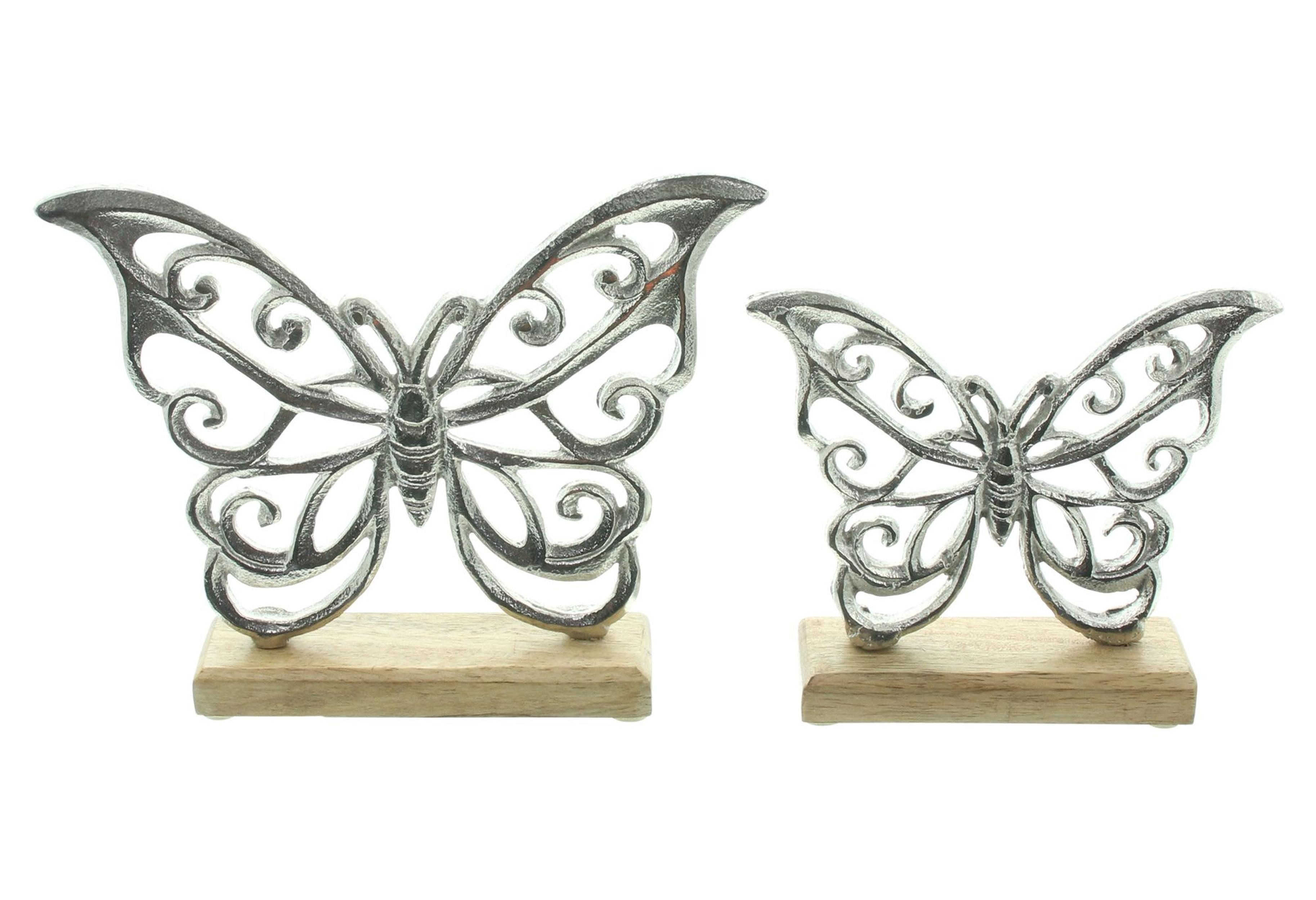 Dekofigur 2x Schmetterling Silber Aluminium Antik Look Mango Holz
