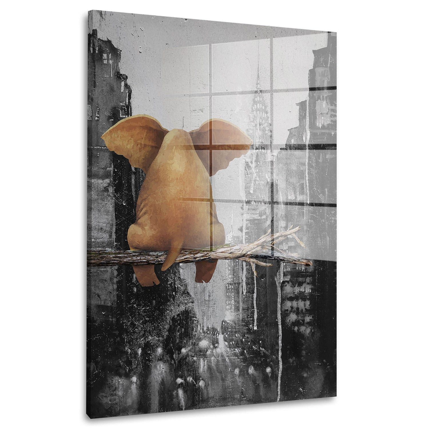 Artedinoi Acrylglasbild Elefant auf Ast in New York Acrylglas Wandbild Bild Wanddeko XL
