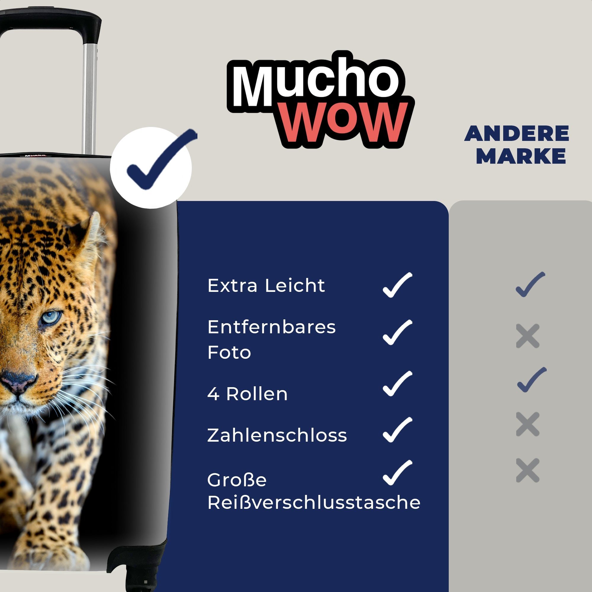 4 Porträt Reisetasche Wildtiere Leopard Tiere MuchoWow rollen, Ferien, mit Handgepäckkoffer - Trolley, Handgepäck - - Schwarz, für - Rollen, Reisekoffer