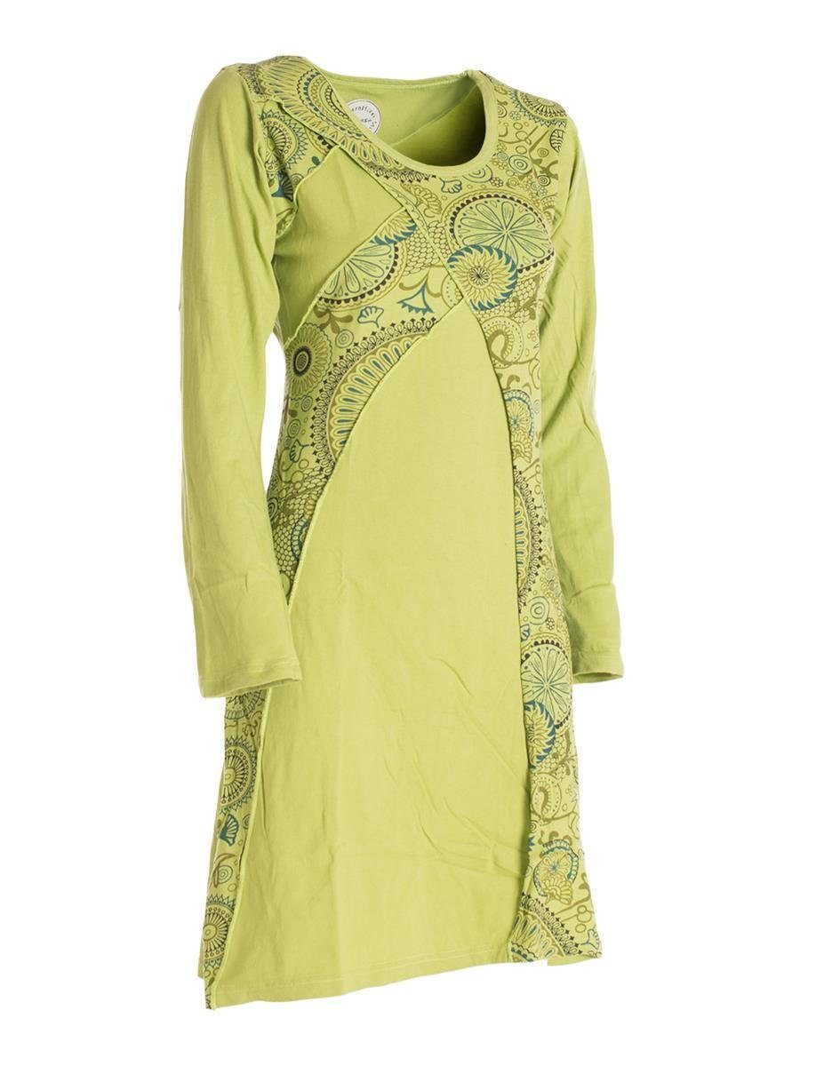 Langarm hellgrün Elfen Style Ethno, Damen Jerseykleid Blumenkleid Kleid Vishes Baumwollkleid Mandala Rundhals Hippie,