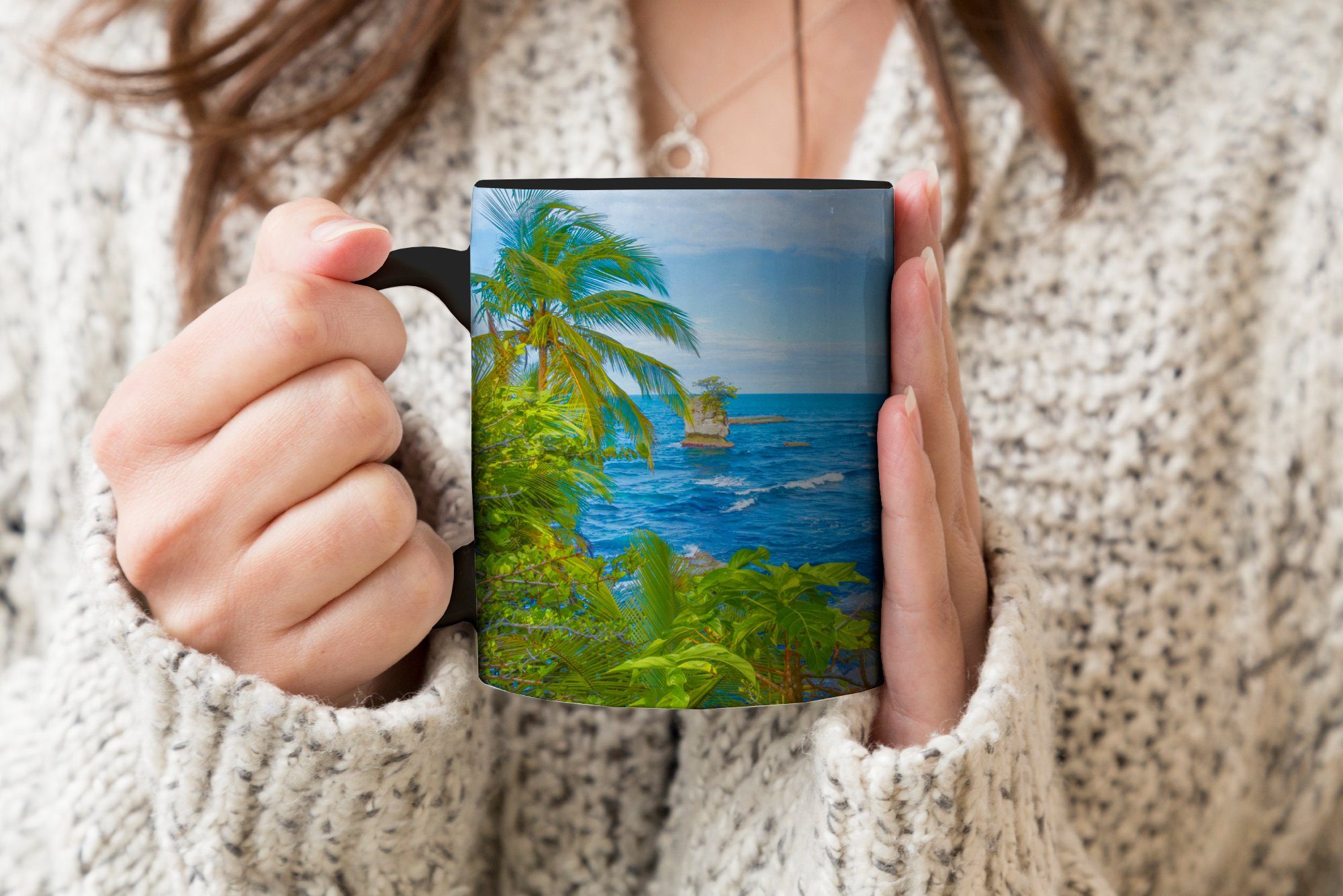 Tasse - Geschenk Strand Keramik, Teetasse, Palmen, MuchoWow Kaffeetassen, Zaubertasse, Farbwechsel, Amerika -