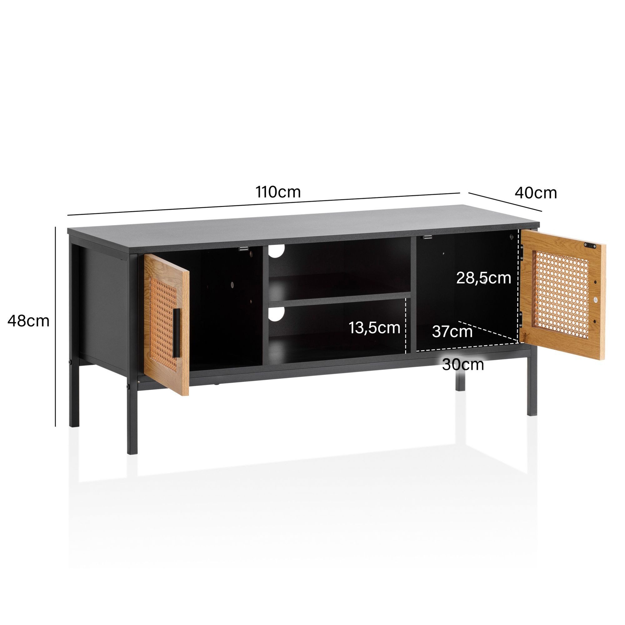 FINEBUY Lowboard FB100070 TV Schrank 110 cm Holz Schwarz Fernsehkommode Wiener Geflecht (Schwarz / Eiche, Wiener Geflecht, 110x48x40 cm), TV-Schrank Modern Fernsehtisch, TV-Kommode Hoch