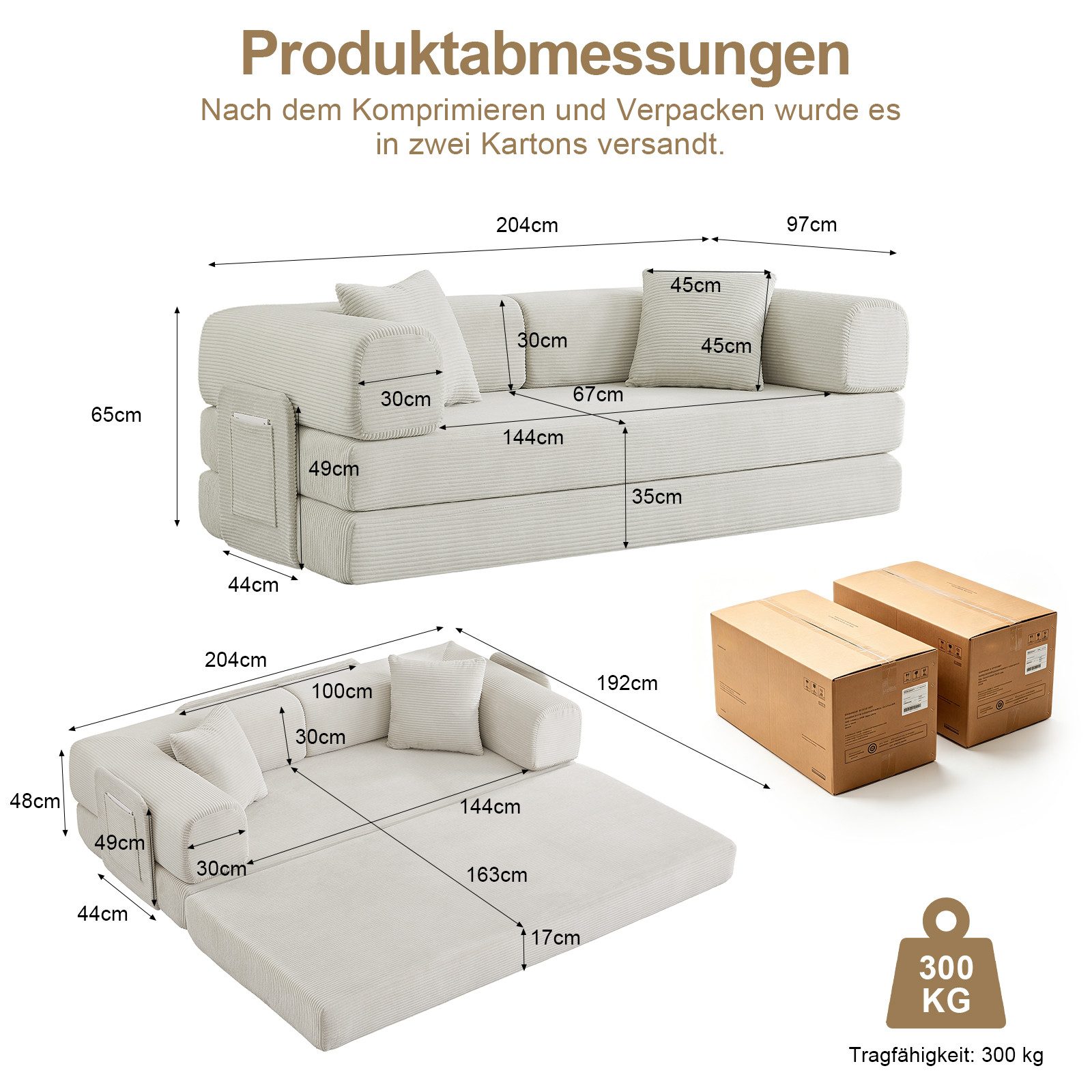 ANYSUN 3-Sitzer 4-in-1 Cord-Schlafsofa, lappbares Bodensofa,Knochenloses Sofa, Schlafsofa Klappbar mit 2 Kissen & Stahlgeste, Tatami-Bodensofa für Wohnzimmer, Schlafzimmer und Wohnungen