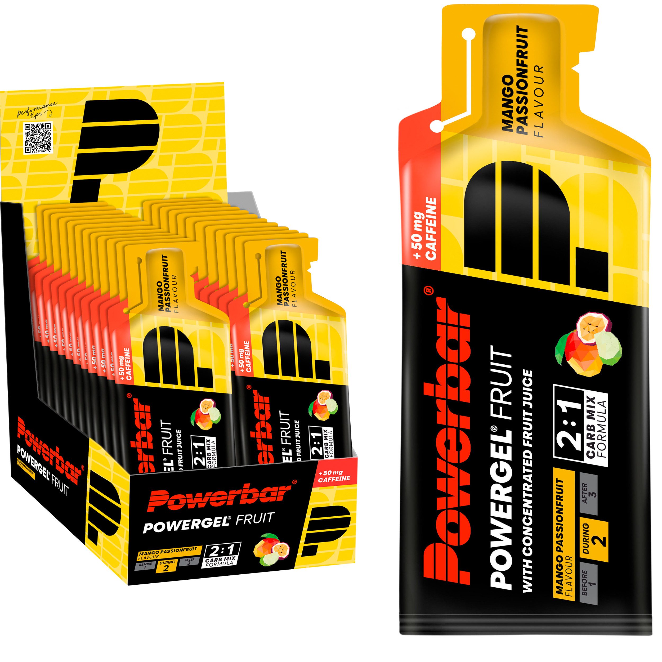 PowerBar PowerGel Fruit Mango Passionfrucht High Carb Energiegel Koffein 24x41g Gel, Packung à 24 St.