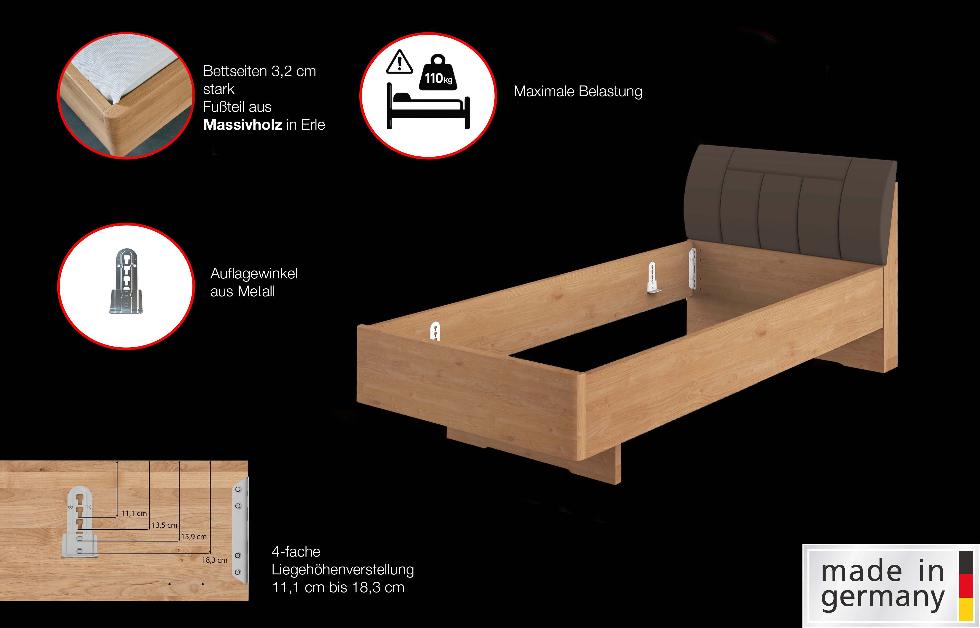 WIEMANN Holzbett Cardiff, Bettgestell, Bettrahmen, teilmassiv, mit Polsterkopfteil (Belastbarkeit 110/220 Kg, 4-fache höhenverstellbar, MADE IN GERMANY), Fußteil aus Massivholz, verschiedene Größen