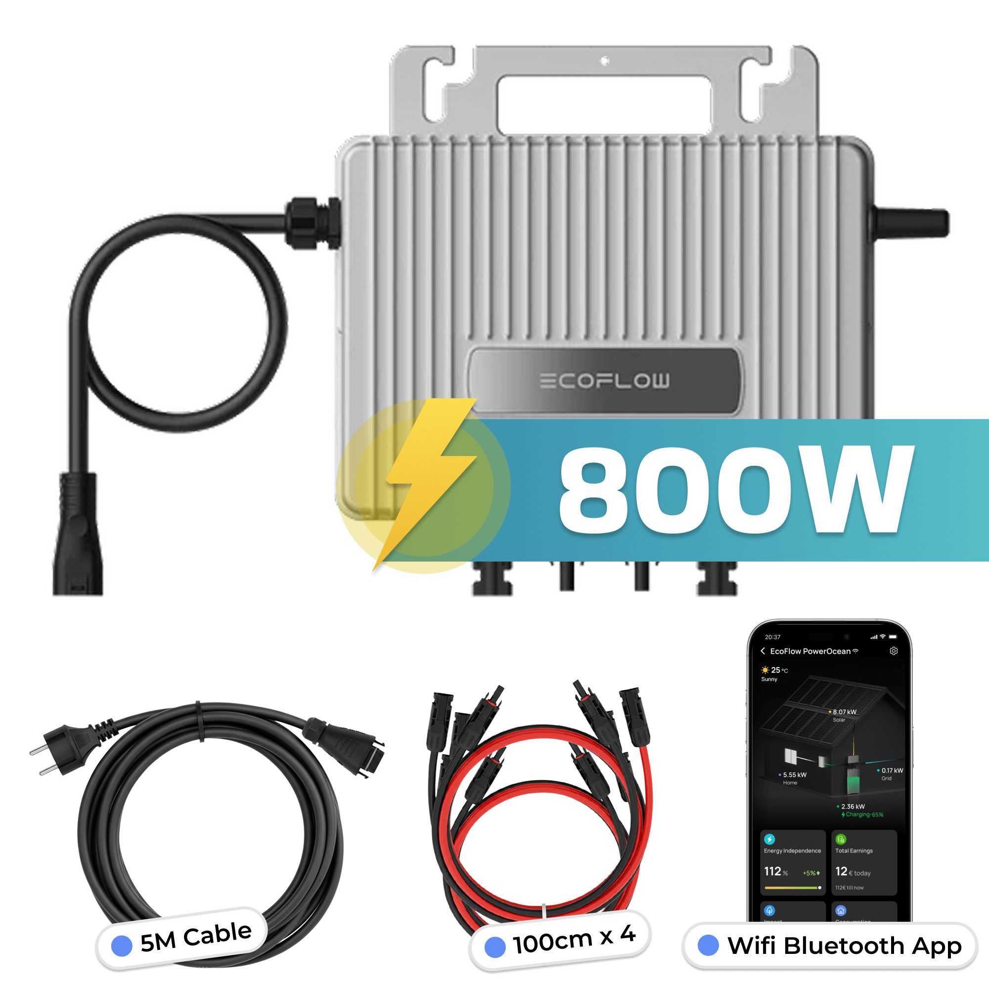 SUNNIVA Wechselrichter EcoFlow Stream Mikro-Wechselrichter 800 W –für Balkonkraftwerk, (Plug-&-Play mit 2× MPPT, IP67, WLAN & Bluetooth, inkl. 5 m Anschlusskabe – Bild 2 von 5