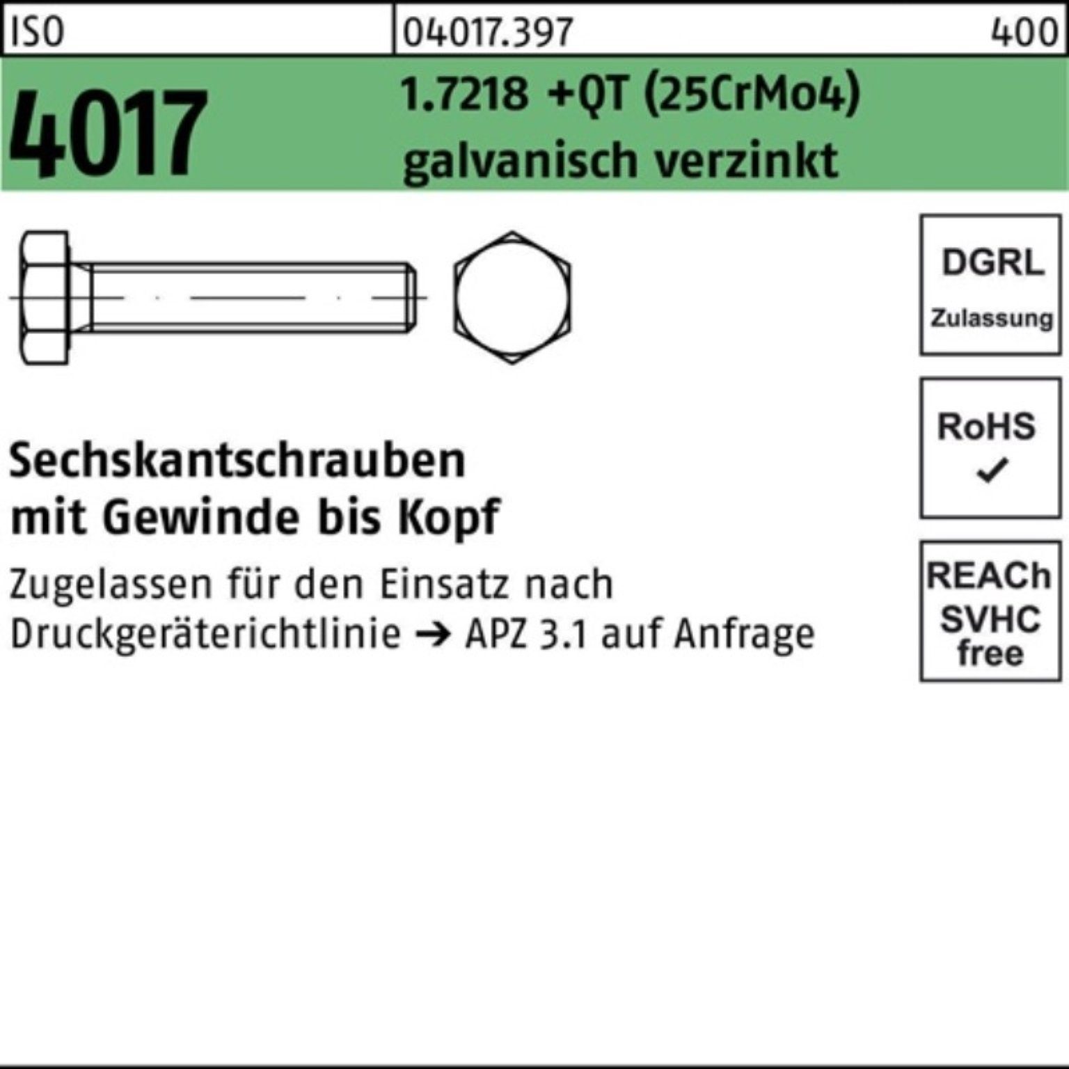 Bufab Sechskantschraube Pack M16x70 4017 100er ISO VG (25CrMo4) +QT g Sechskantschraube 1.7218