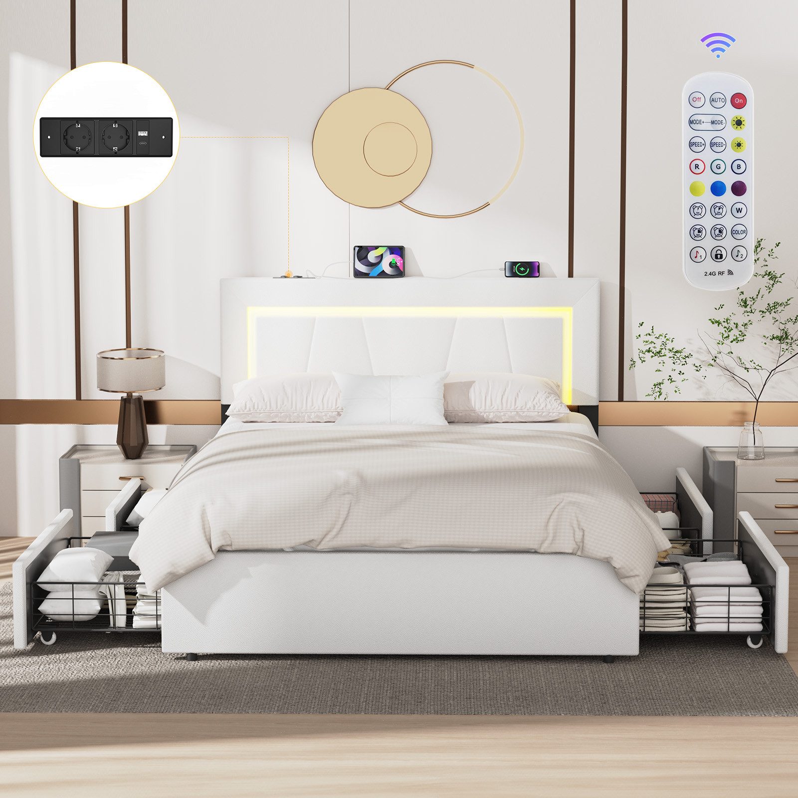 WILGOON Polsterbett LED Doppelbett 160x200 cm, mit 4 Schubladen und Lattenr günstig online kaufen