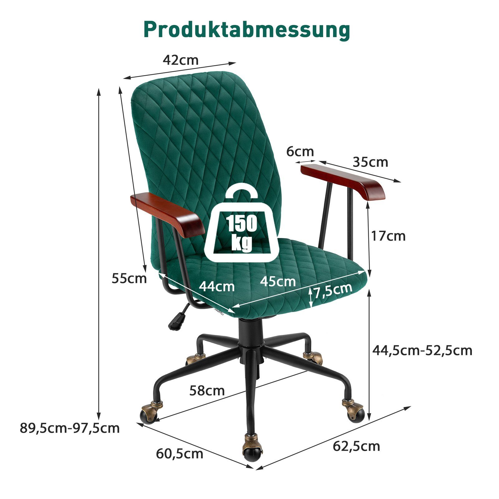 97,5cm Drehstuhl, höheverstellbar bis 89,5 bis COSTWAY grün kg, Bürostuhl 150