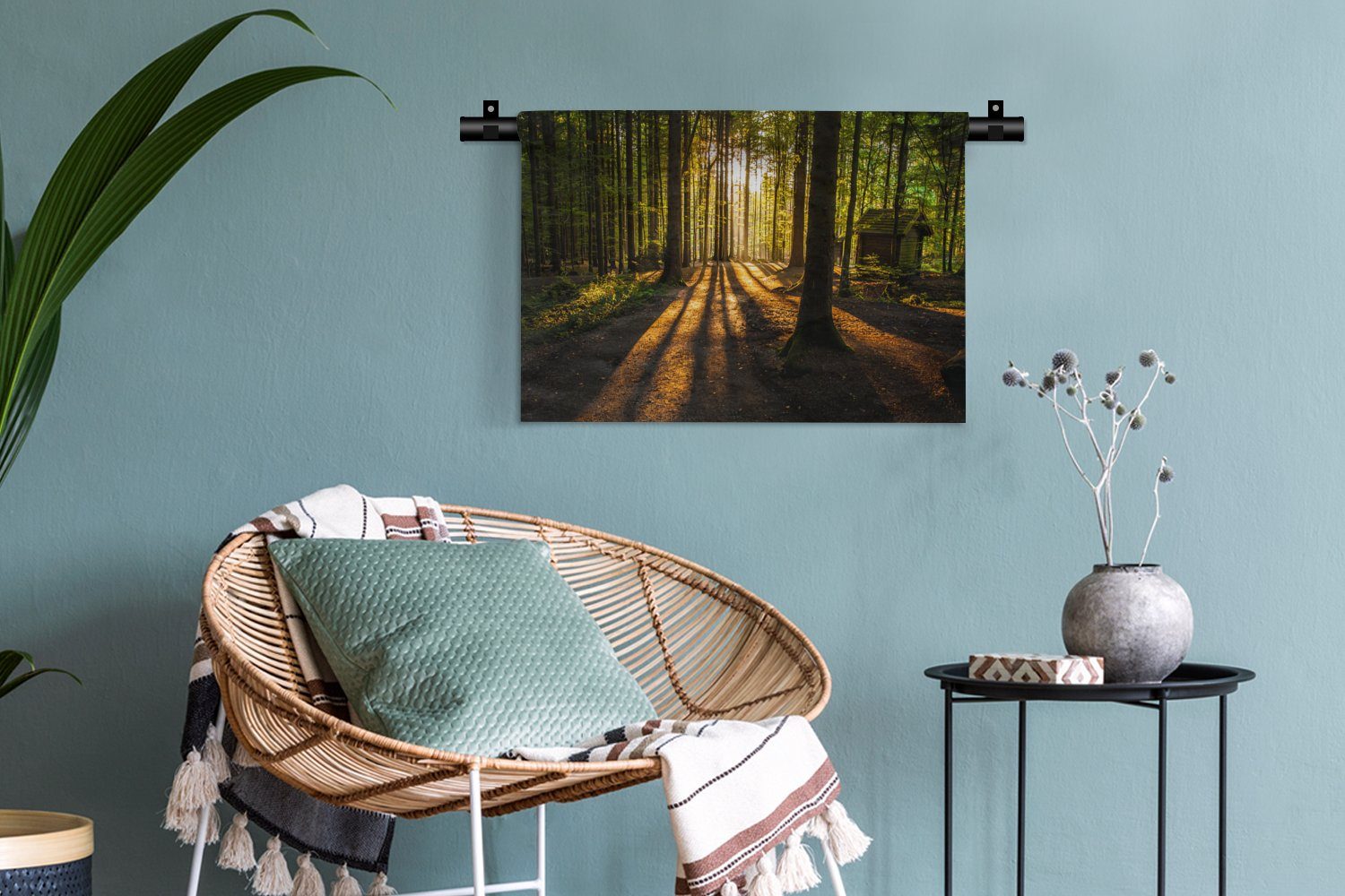 Natur, - - Wanddeko MuchoWow Sonne Bäume Wohnzimmer, - Wanddekoobjekt Schlafzimmer, für Kleid, Wald Kinderzimmer Wandbehang, Landschaft -