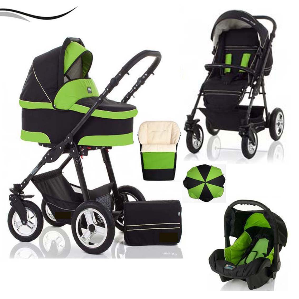 babies-on-wheels Kombi-Kinderwagen City Star 5 in 1 inkl. Autositz, Sonnenschirm und Fußsack - 18 Teile - von Geburt bis 4 Jahre in 16 Farben Schwarz-Grün