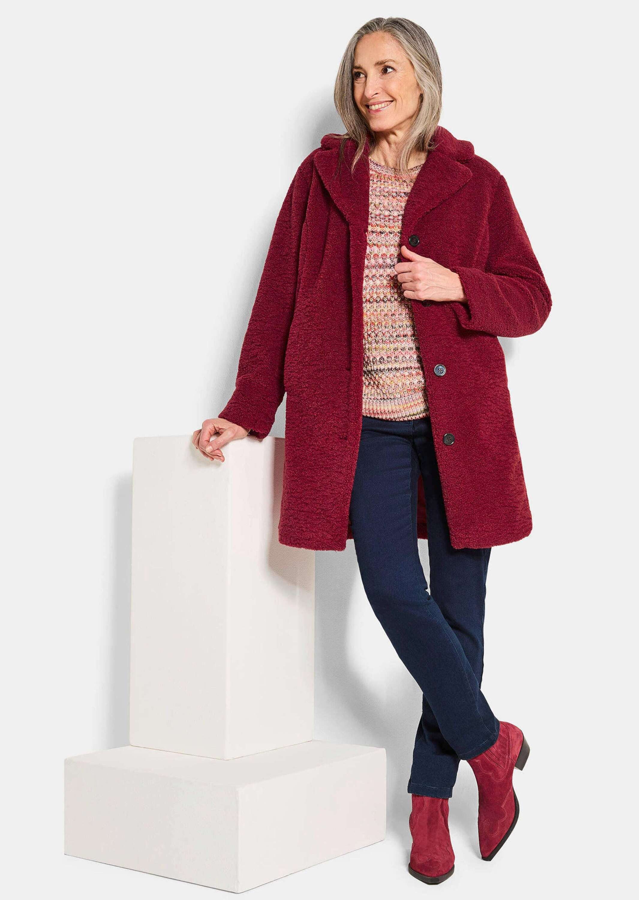 GOLDNER Winterjacke Kuscheliger Teddymantel, Reverskragen Webpelzjacke, kontrastfarbene Knöpfe, Nahttaschen, leicht gefüttert