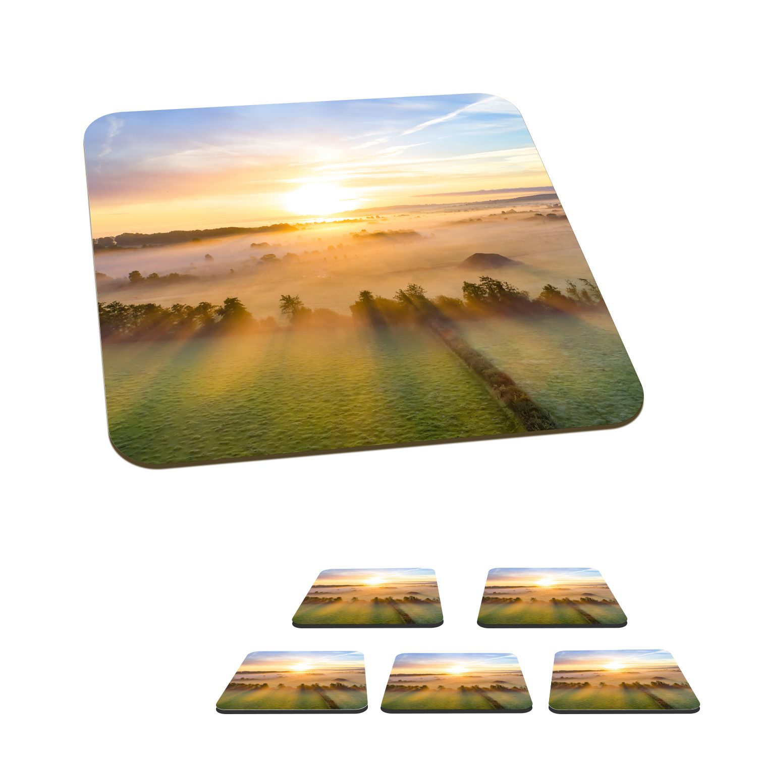 MuchoWow Glasuntersetzer Farbenfroher Sonnenaufgang über einer ruhigen Landschaft, Zubehör für Gläser, 6-tlg., Glasuntersetzer, Tischuntersetzer, Korkuntersetzer, Untersetzer, Tasse | Getränkeuntersetzer