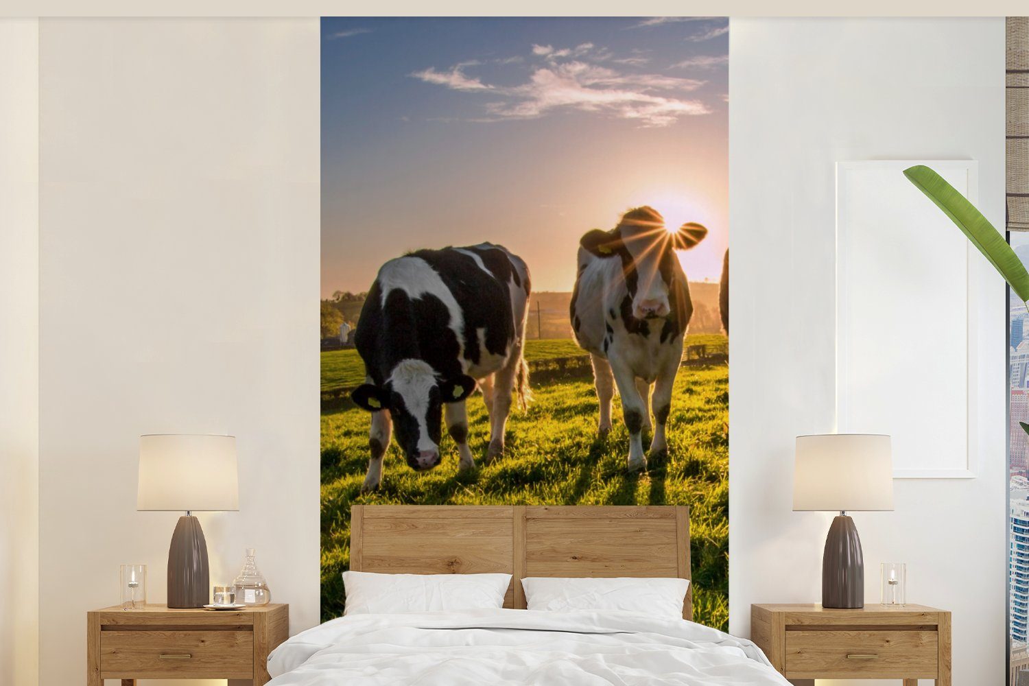 MuchoWow Fototapete Kühe - Sonne - Gras - Tiere - Bauernhof, Matt, bedruckt, (2 St), Vliestapete für Wohnzimmer Schlafzimmer Küche, Fototapete