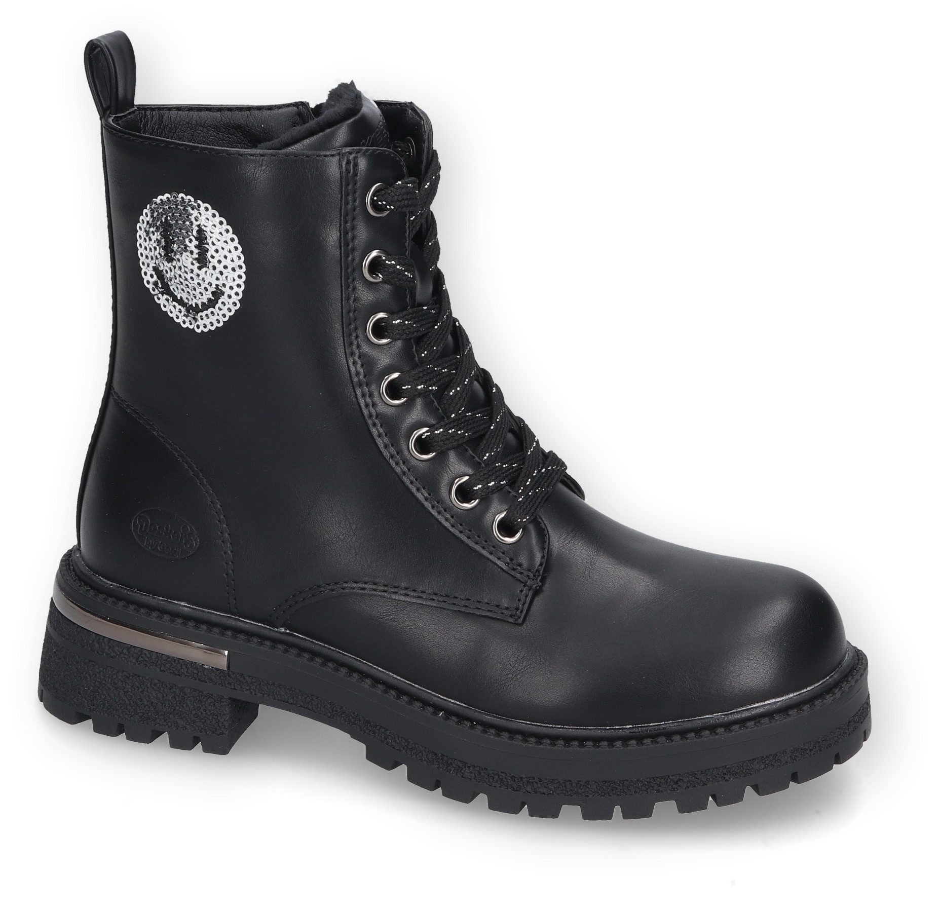 Dockers by Gerli Schnurstiefel Chunky Stiefel Biker Boots Plateauboots mit Blockabsatz Dockers Schnurboots mit Smiley aus Pailletten