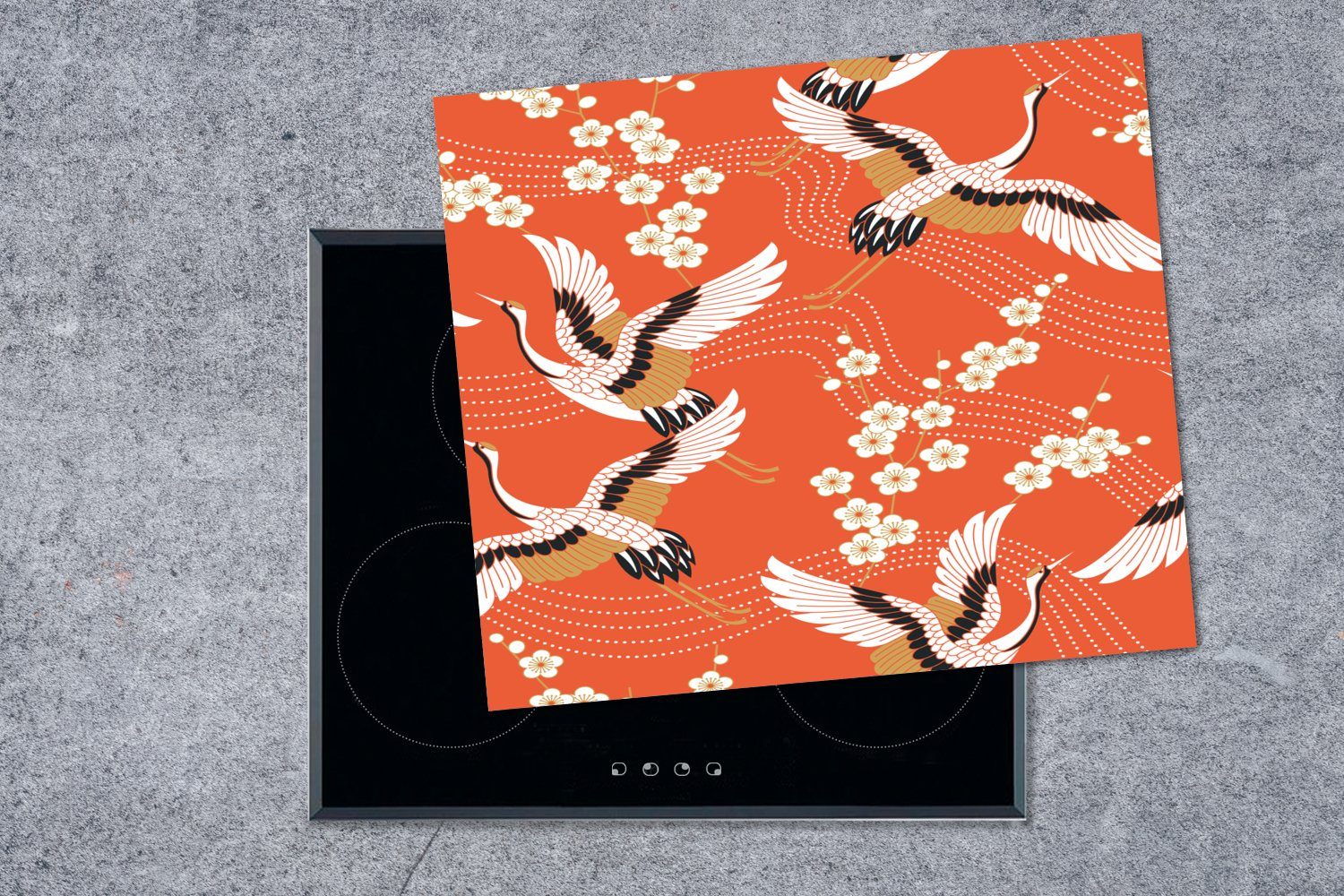 Vinyl, cm, - Kranich (1 - Herdblende-/Abdeckplatte Arbeitsfläche Ceranfeldabdeckung Sakura Japanisch, Muster 60x52 Mobile nutzbar, - tlg), MuchoWow