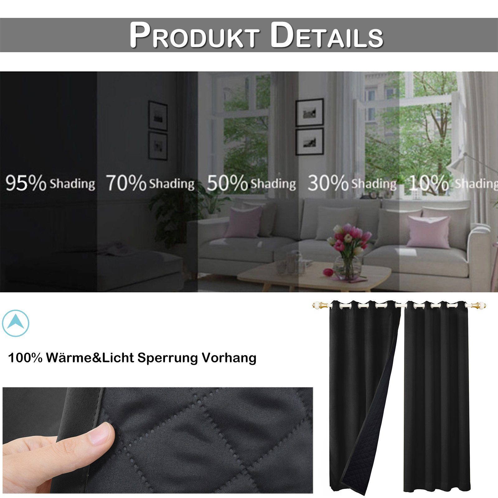 Jibenhome Vorhang Schlafzimmer Vorhänge Blickdicht, Thermogardinen Kälteschutz (2 St), Winter Verdunklungsvorhänge Ösen Thermal Wärmeisolierend – Bild 3 von 5
