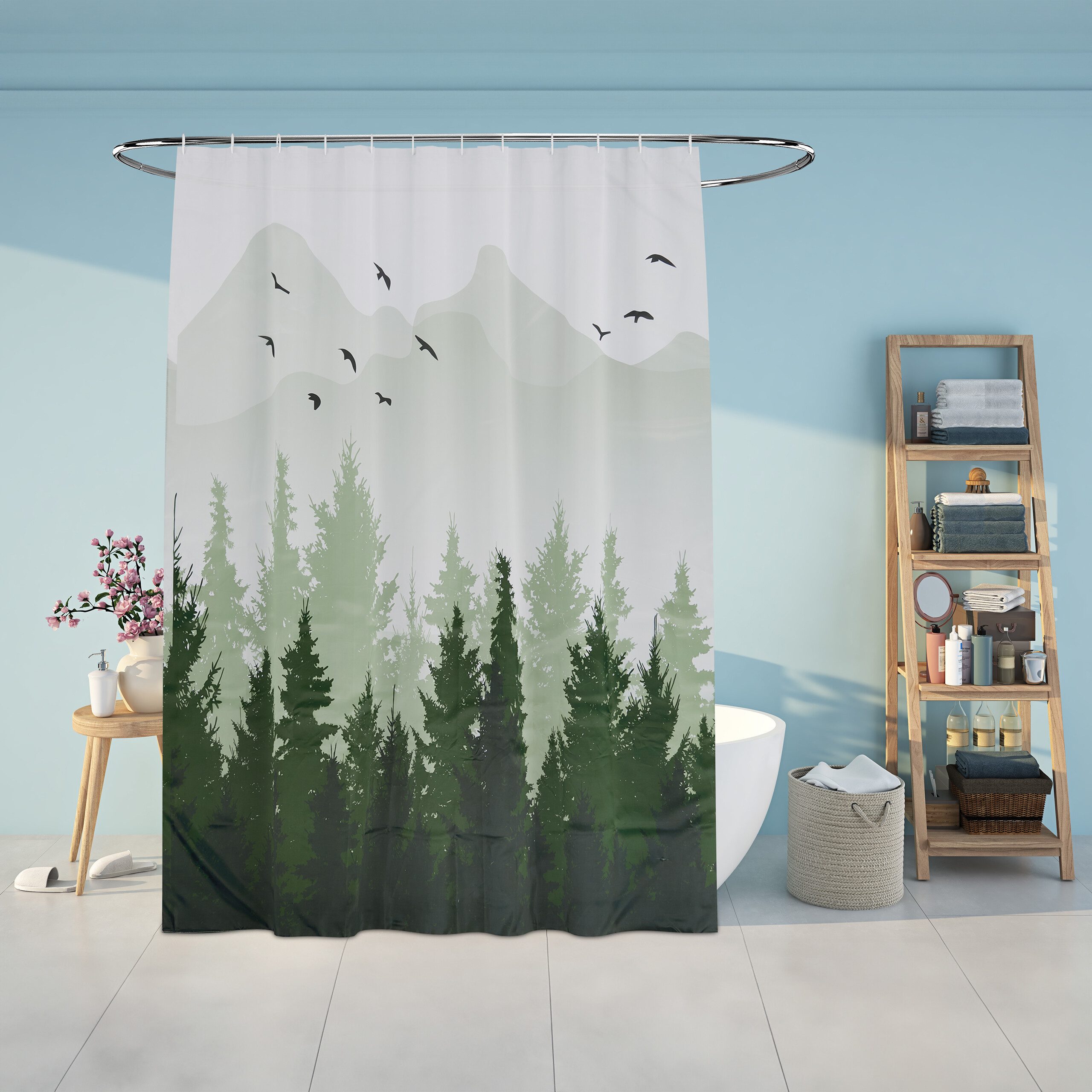 relaxdays Duschvorhang 180x200 cm mit Motiv Breite 180 cm (Tannenwald), 180x200cm